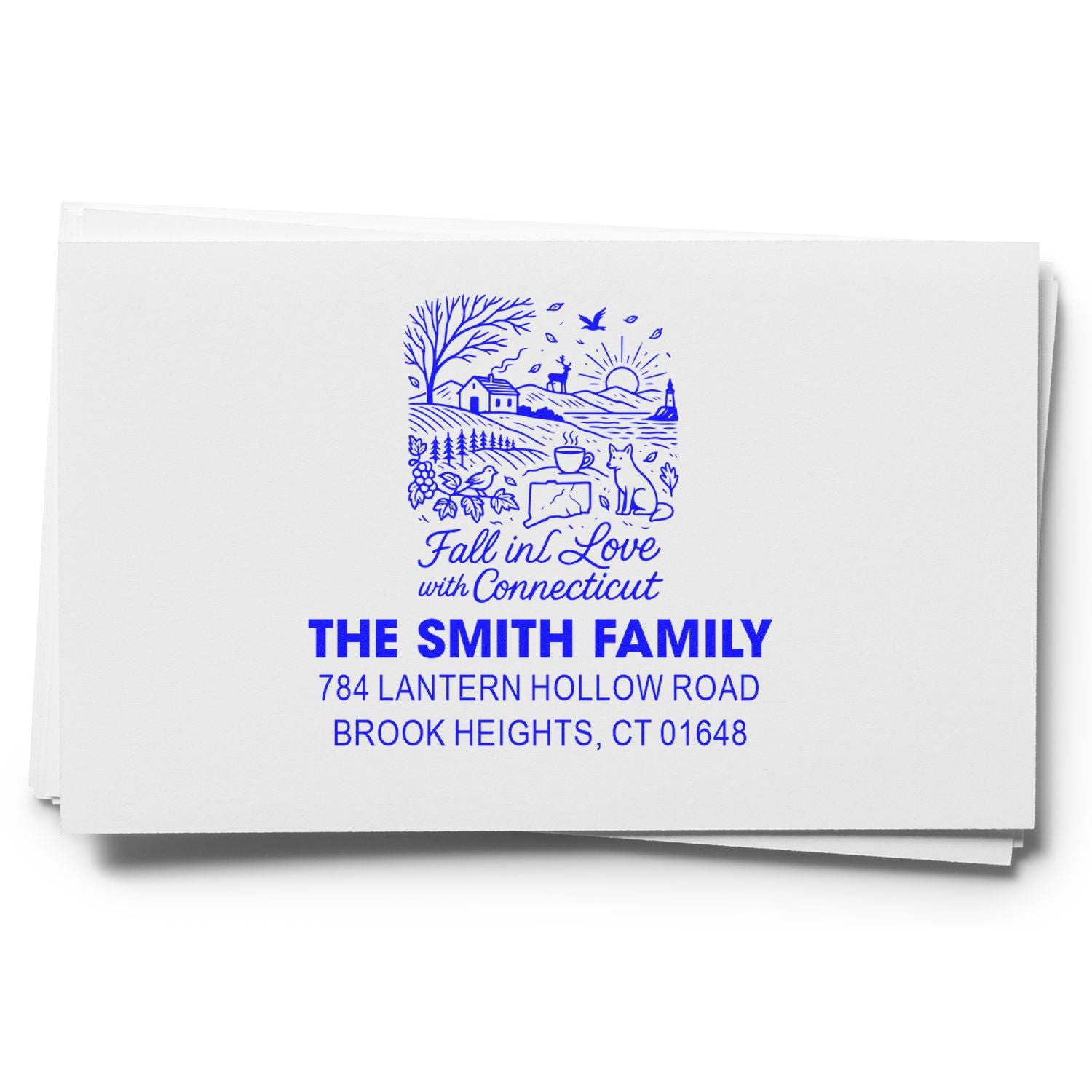 Custom return address rubber stamp with Connecticut fall scene and The Smith Family address, ideal for personalized mail.
