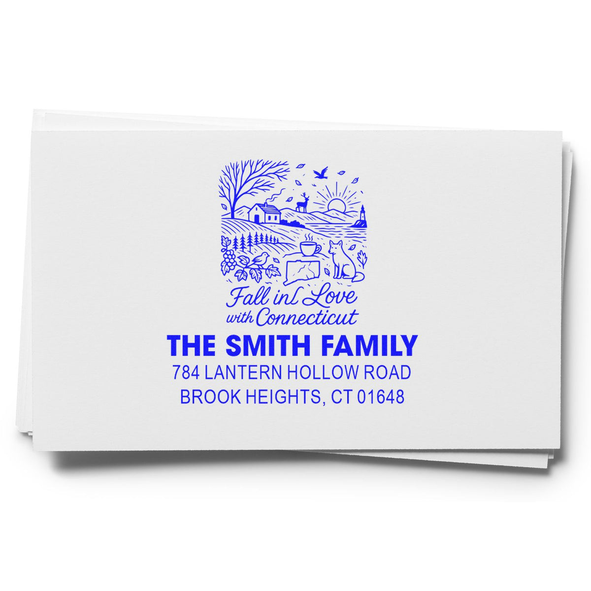 Custom Connecticut return address rubber stamp with Fall in Love with Connecticut family name and address design