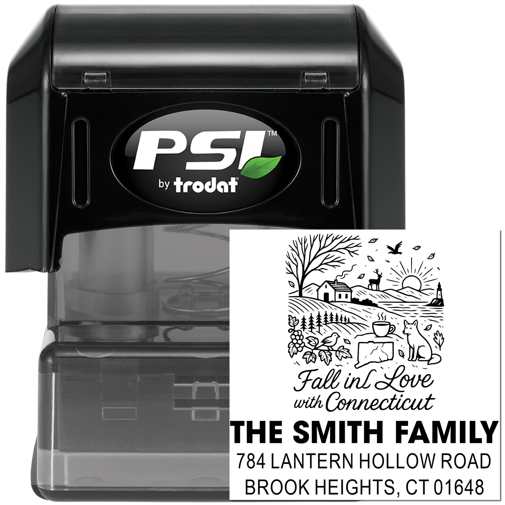 Personalized self-inking address stamp with Connecticut fall artwork, family name, and mailing address for custom return mail.