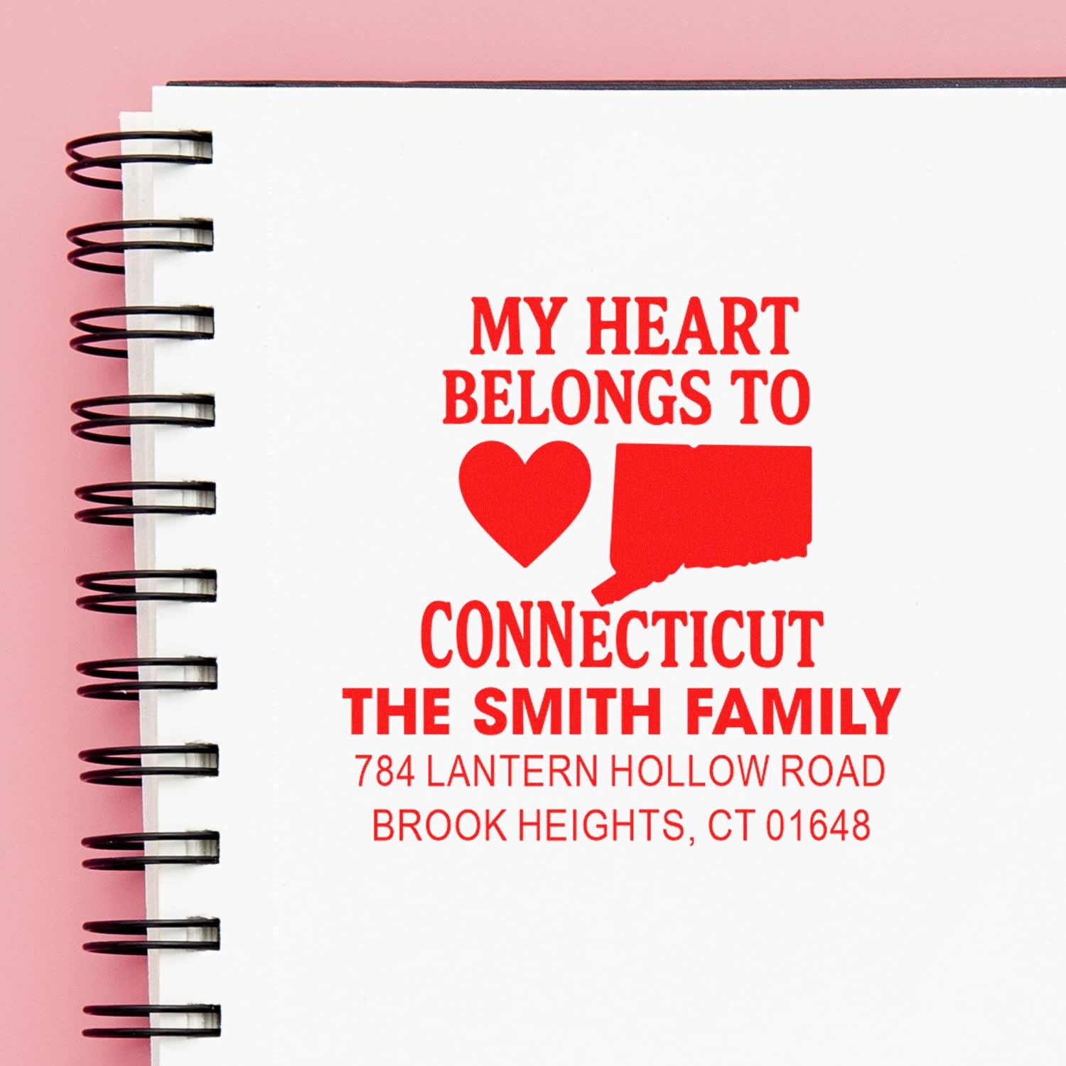 Personalized My Heart Belongs to Connecticut rubber stamp with family name and return address for custom mail.