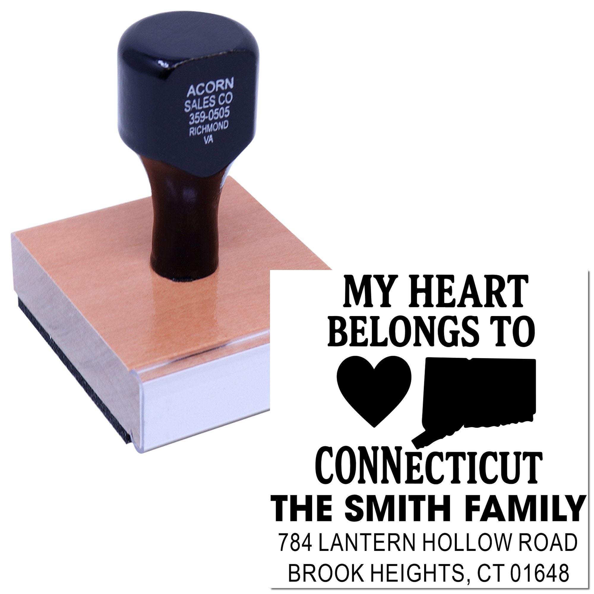 Custom self-inking rubber stamp for Connecticut return address, featuring a heart design and personalized family name.