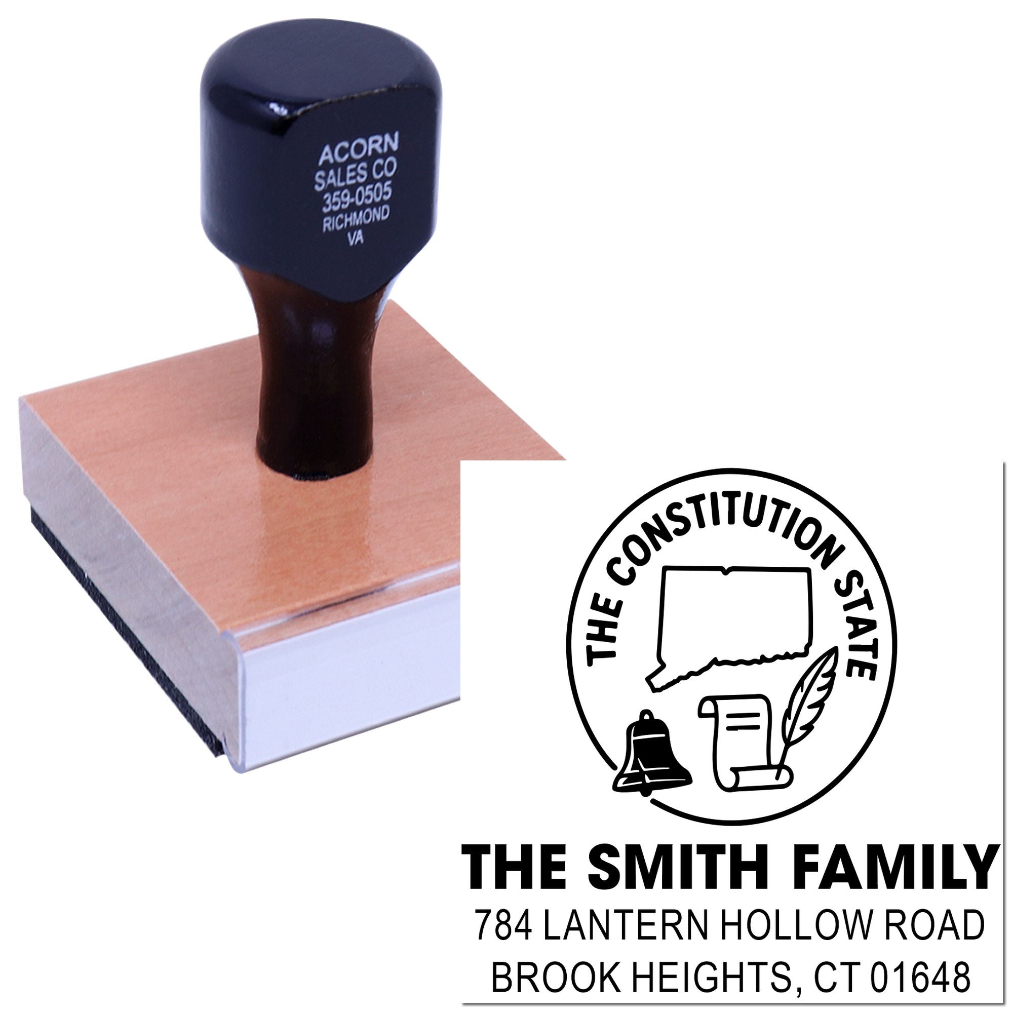 Custom rubber address stamp with family name, Connecticut state seal, and return address for envelopes.