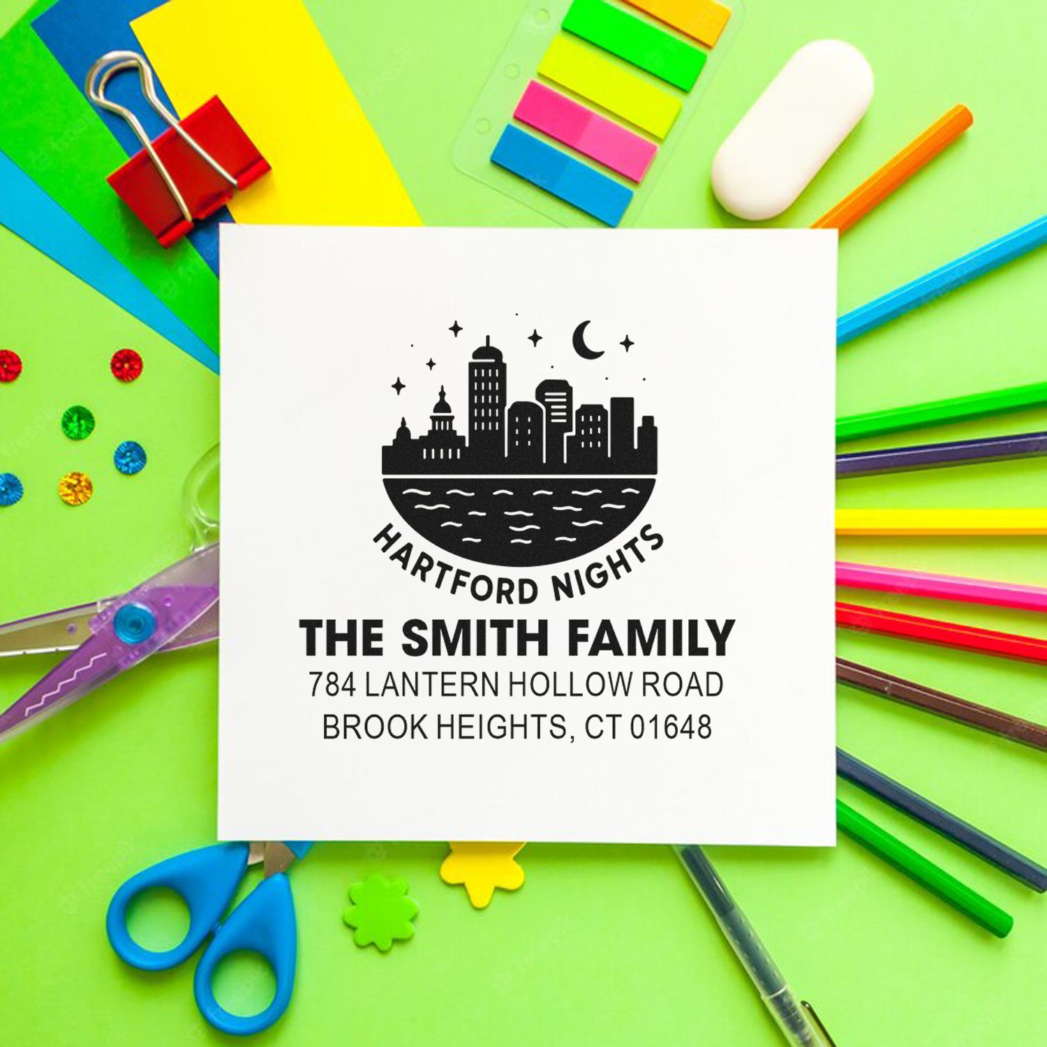 Custom rubber return address stamp featuring Hartford Nights skyline for The Smith Family, Brook Heights, CT