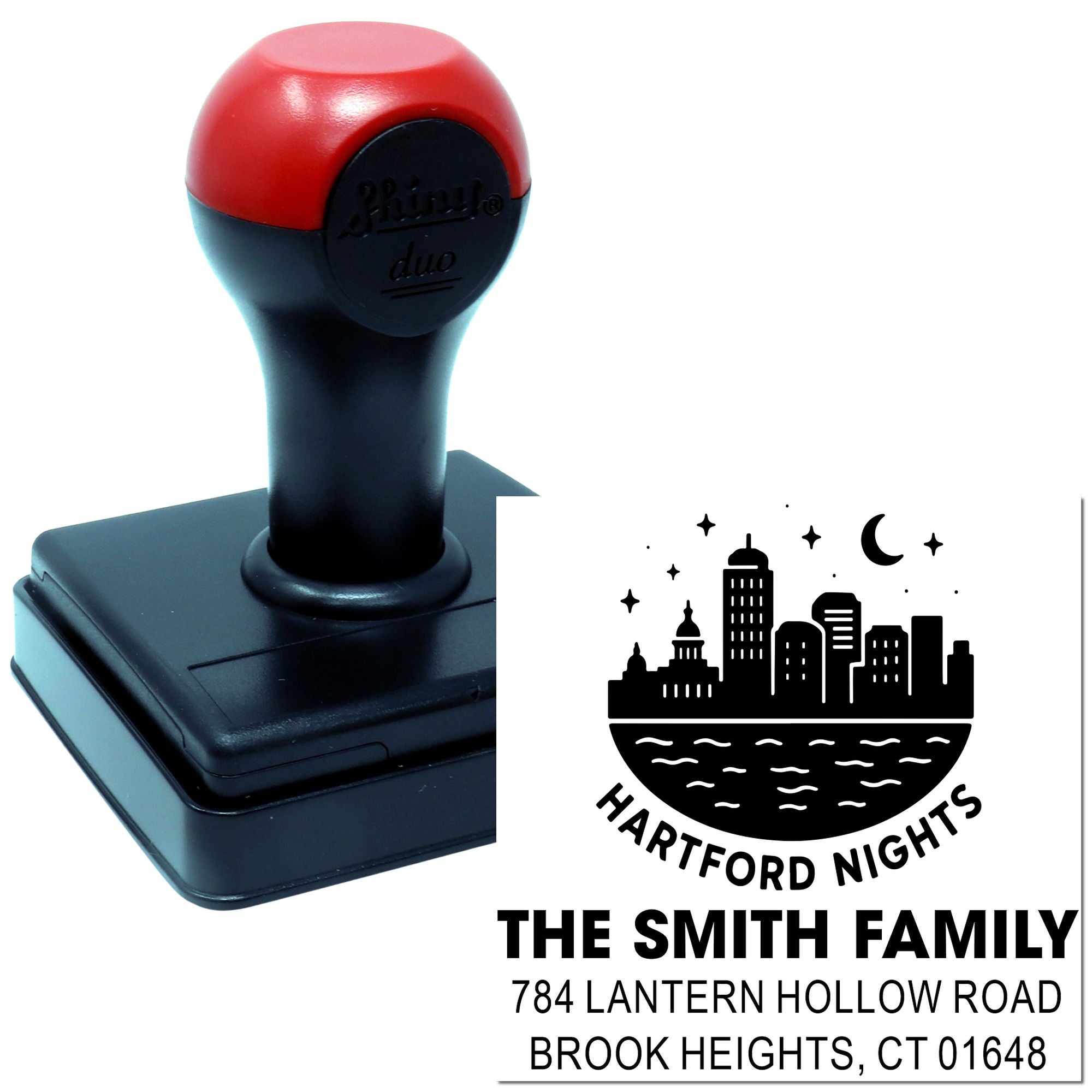 Custom self-inking rubber stamp with Hartford Nights skyline logo and Smith Family return address.
