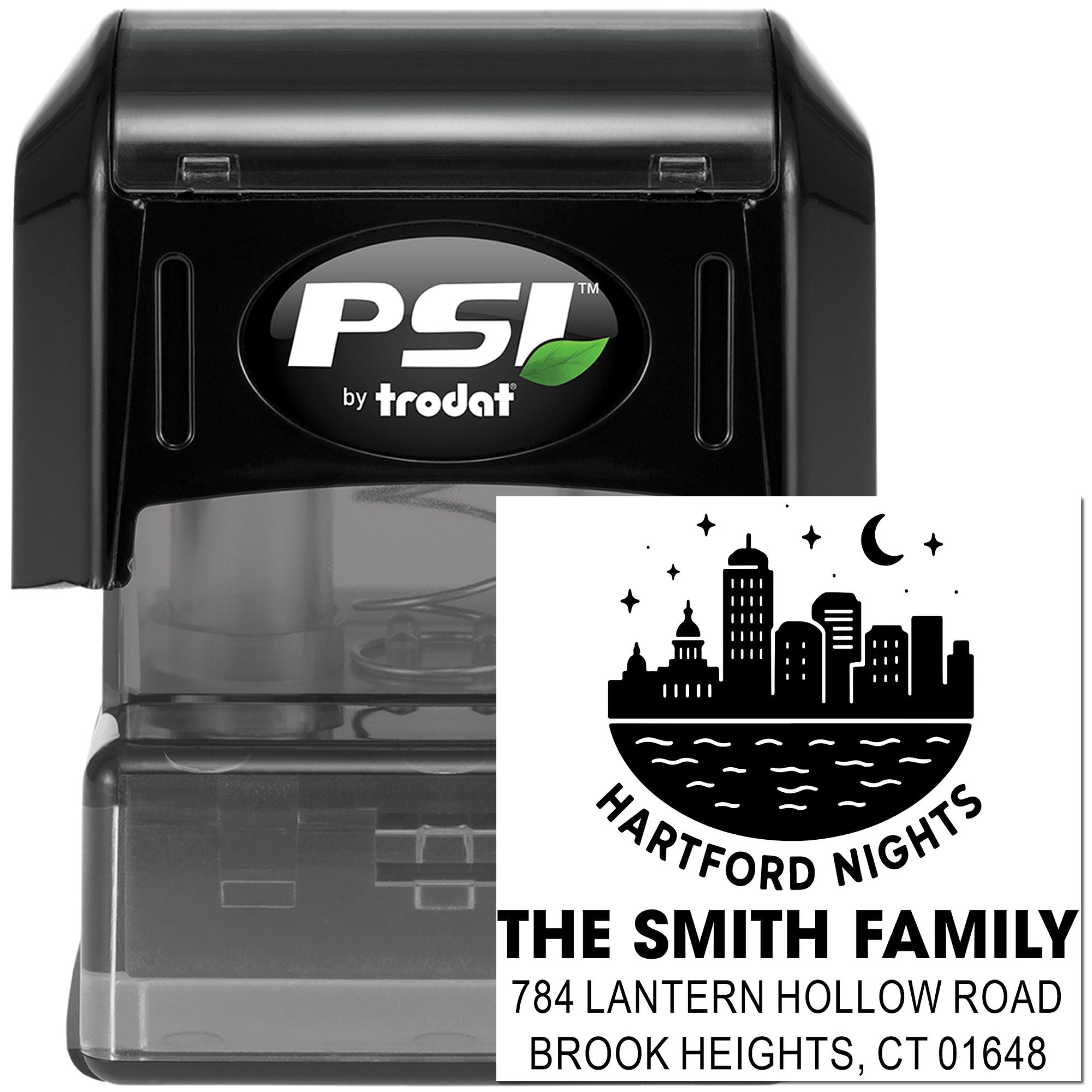 PSI by Trodat self-inking rubber stamp with custom Hartford Nights family return address imprint