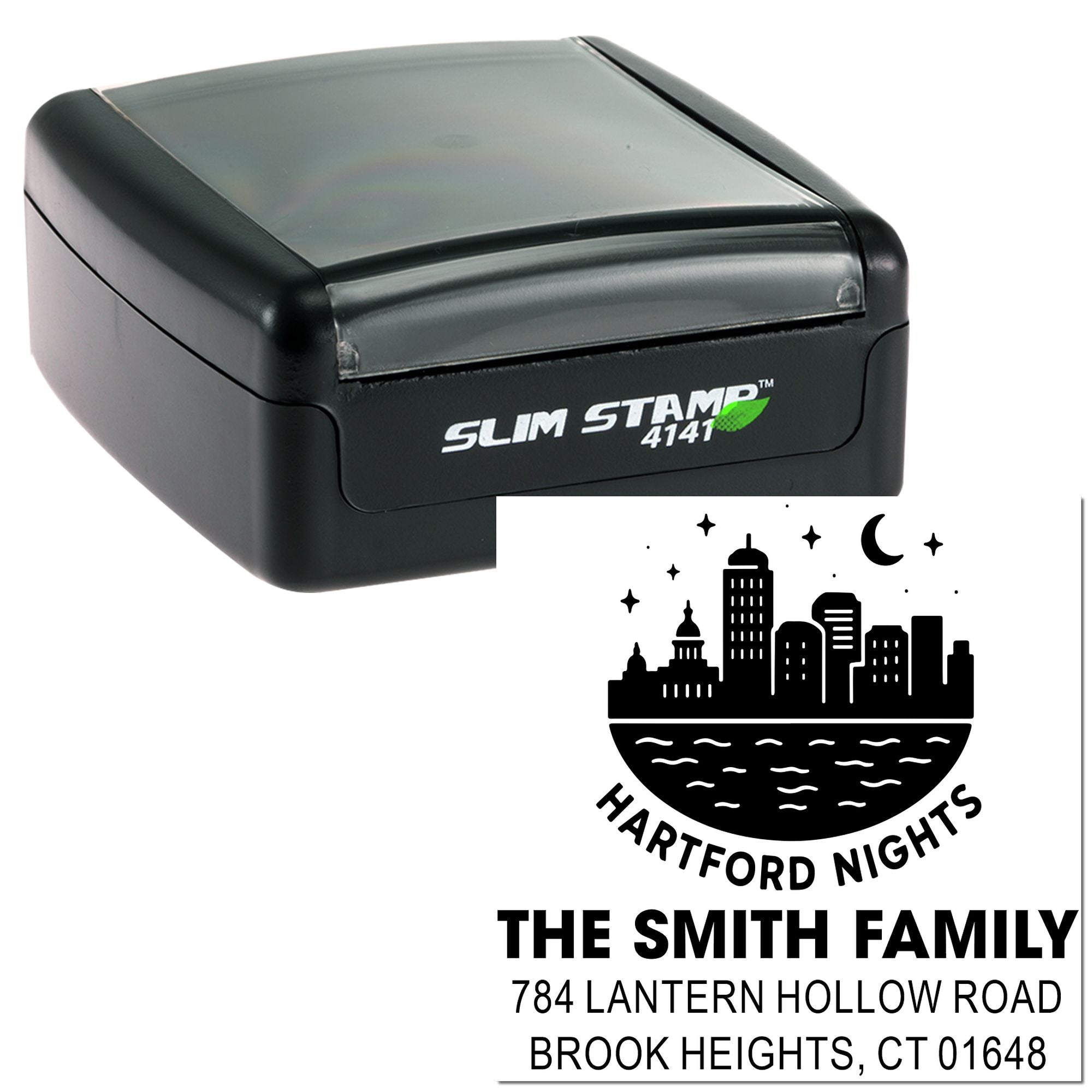Custom self-inking rubber stamp with Hartford Nights skyline design and The Smith Family address imprint for personalized mailing.