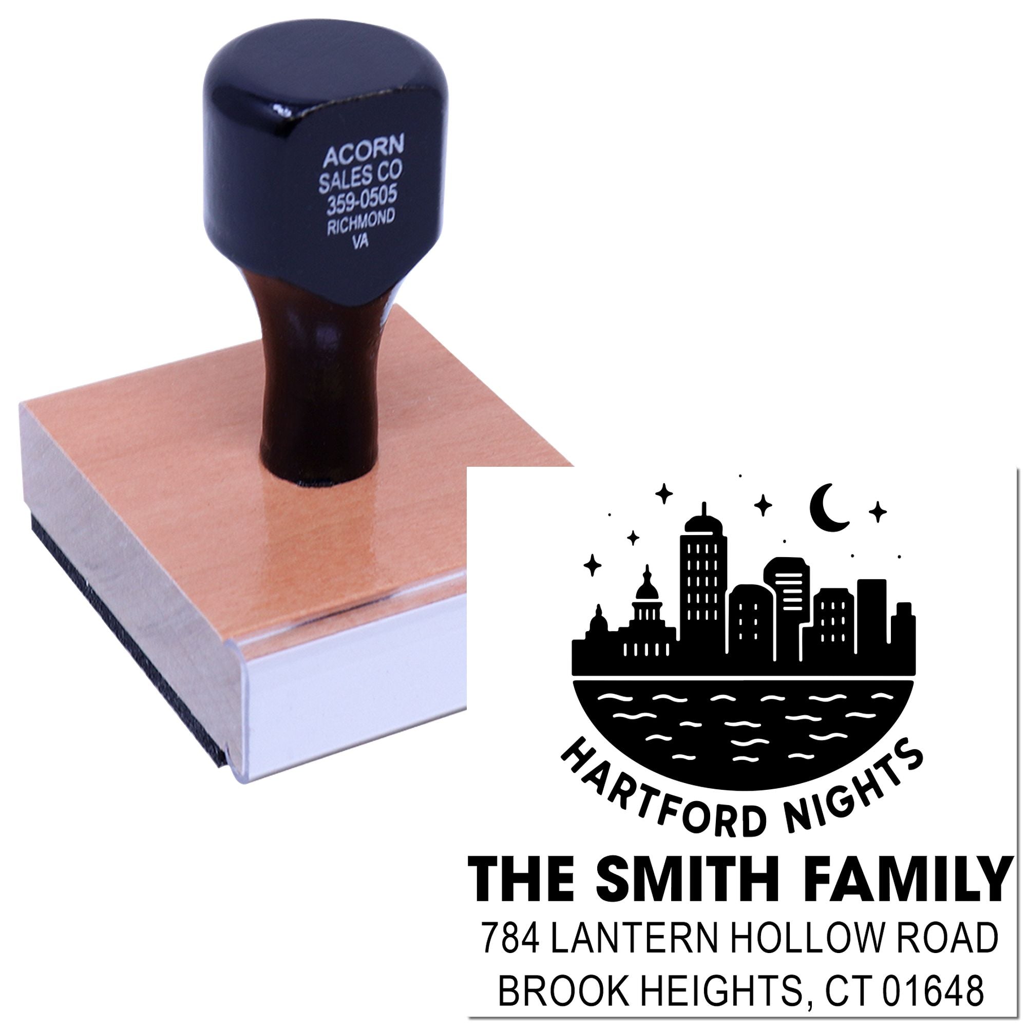 Custom rubber stamp with Hartford Nights return address design for personalized mailing, branding, and business use.