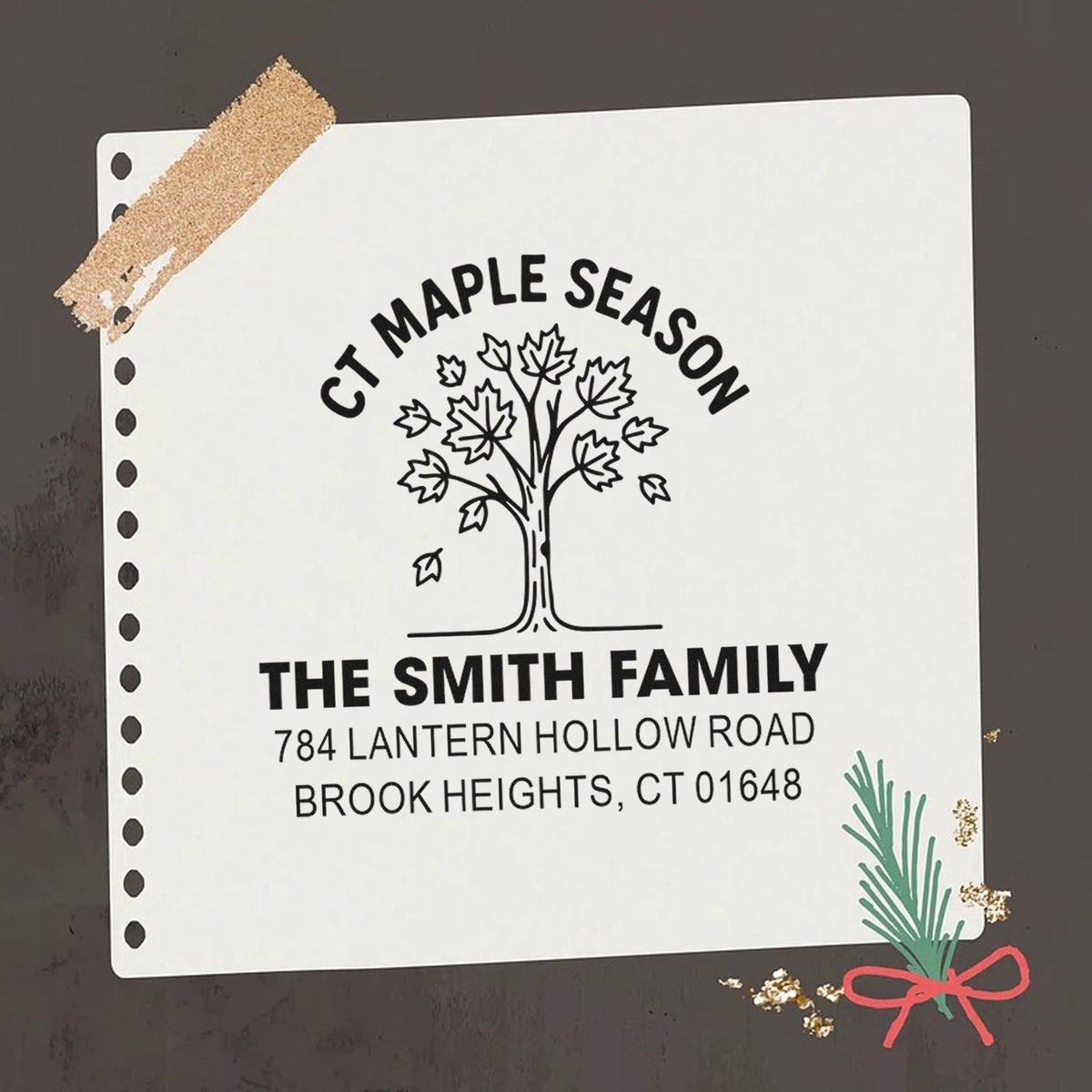 Custom rubber stamp with maple tree design and return address for The Smith Family in Brook Heights, CT.