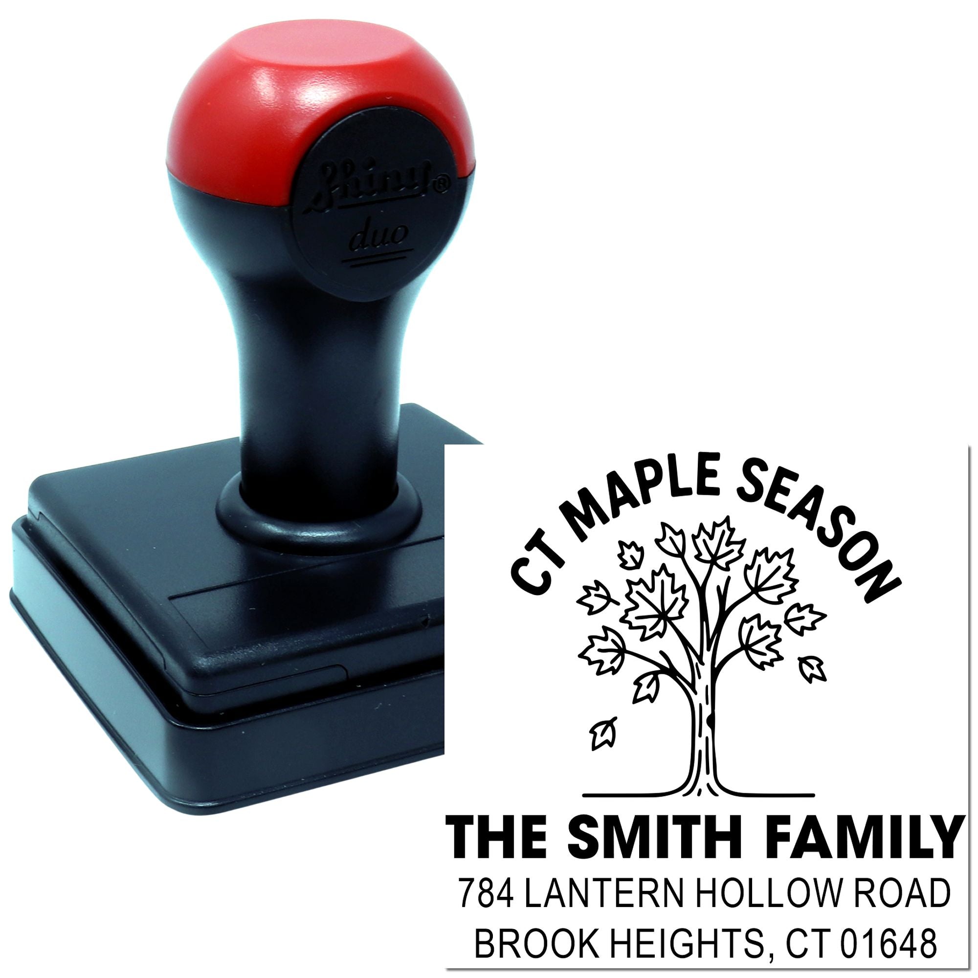 Self-inking custom address rubber stamp with maple tree design, The Smith Family return address stamp