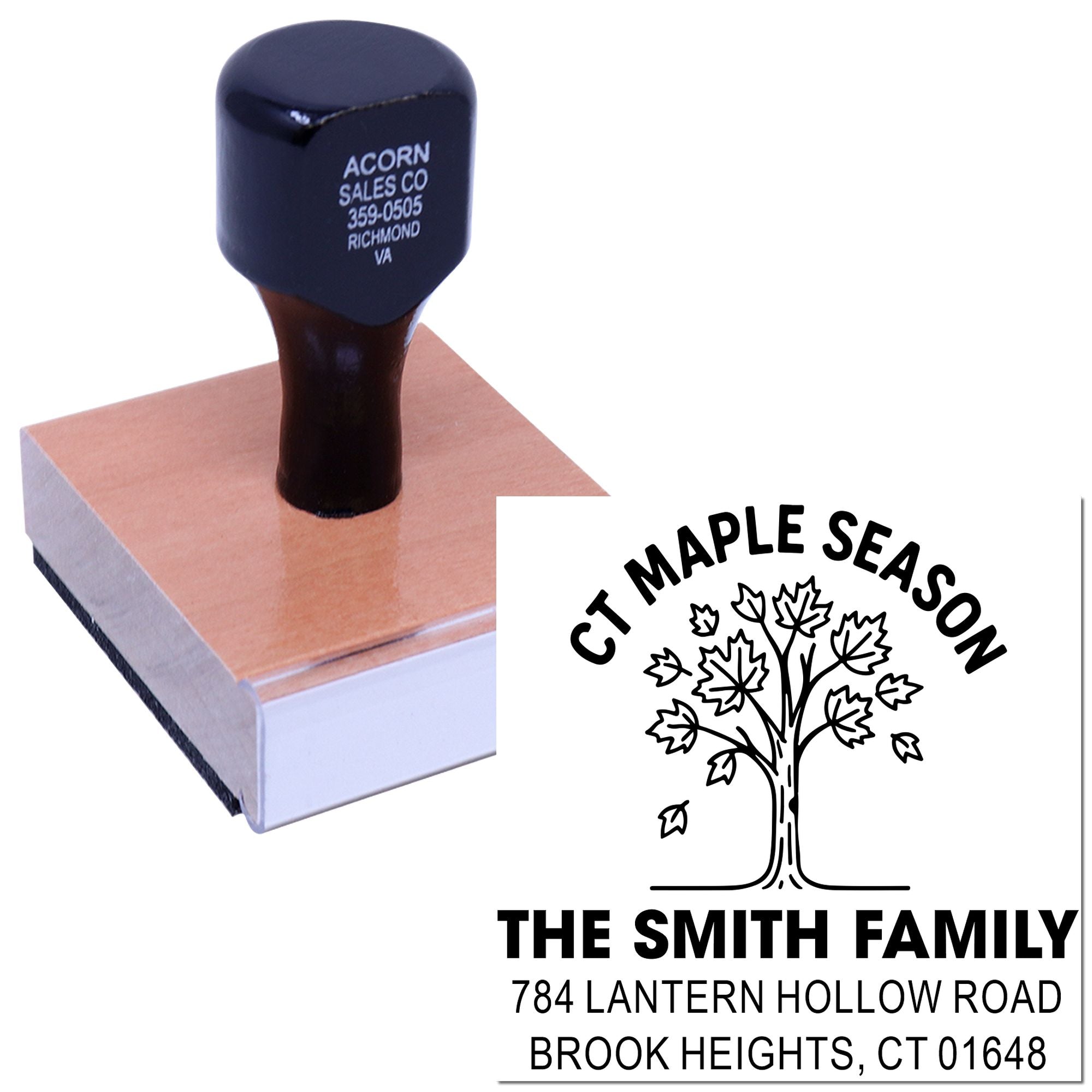 Custom rubber address stamp with maple tree design for family return address and seasonal mailings