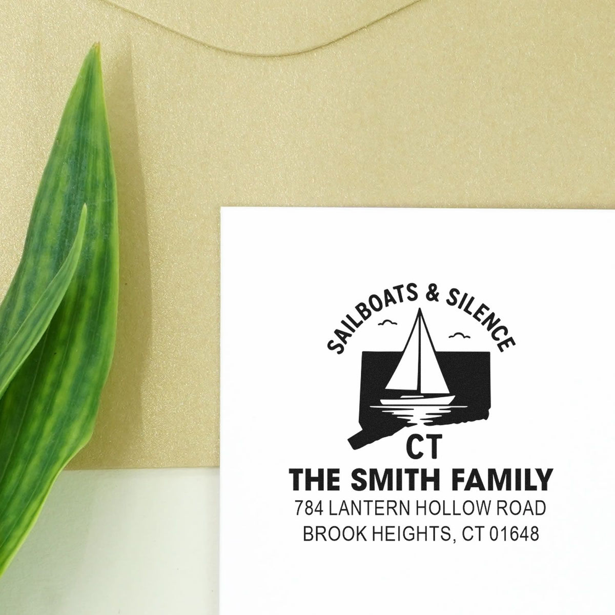 Custom sailboat address rubber stamp for The Smith Family in Brook Heights, CT, featuring Sailboats & Silence design.