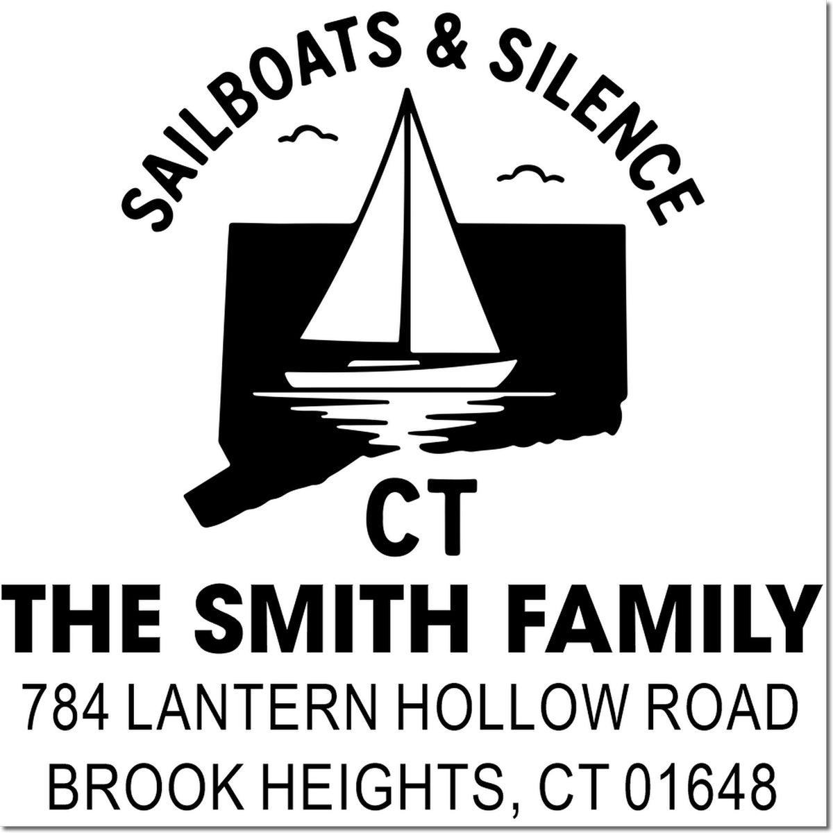 Custom sailboat return address rubber stamp for The Smith Family, 784 Lantern Hollow Road, Brook Heights, CT 01648