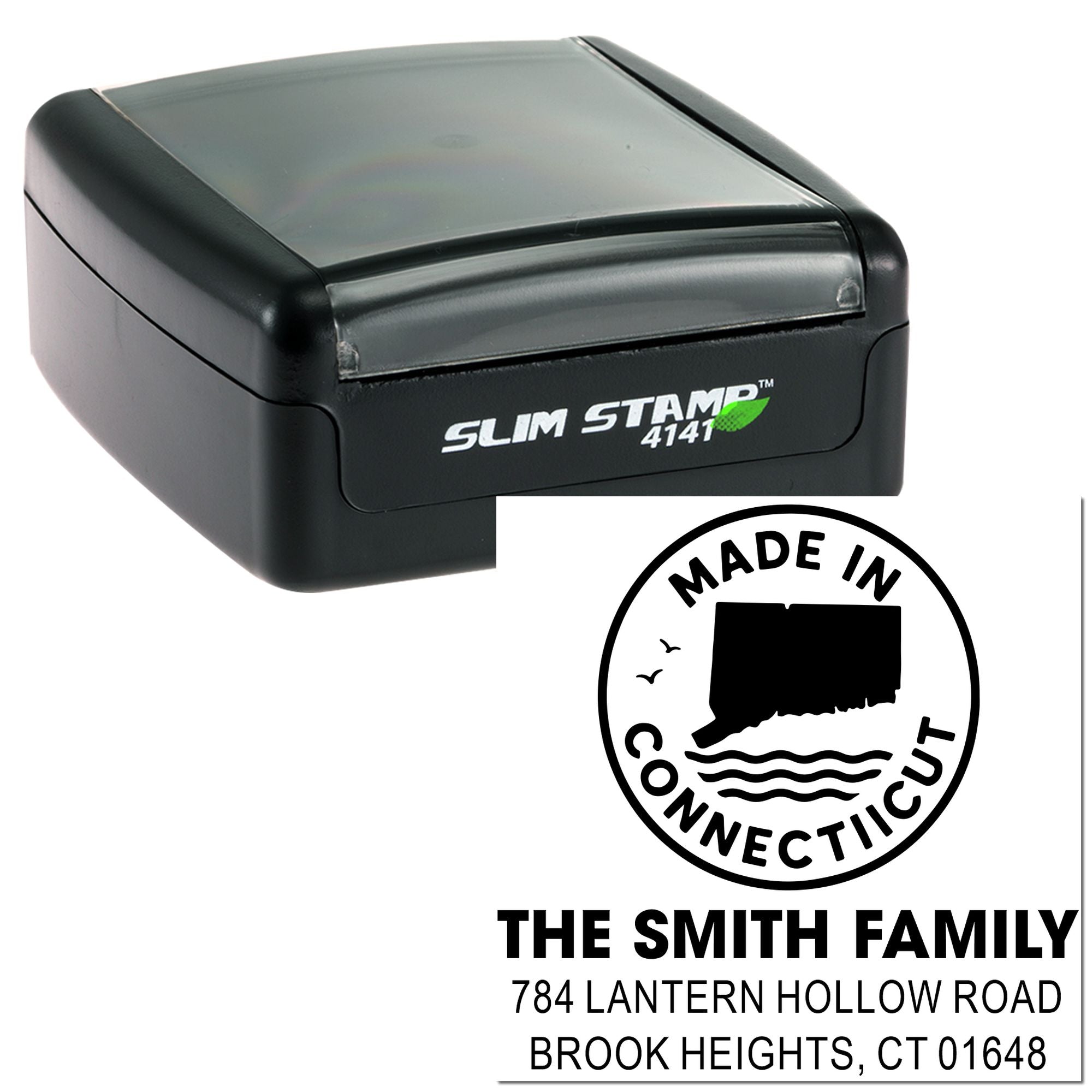 Slim self-inking rubber stamp with custom return address and Made in Connecticut design for personalized mailings.