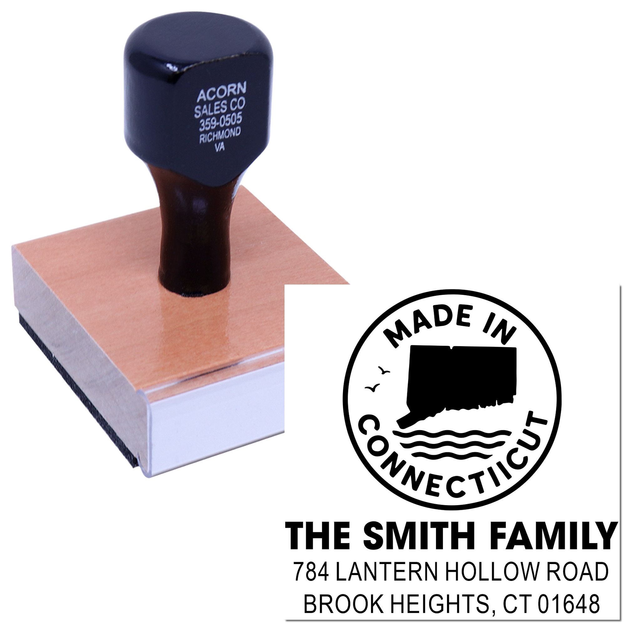 Custom rubber stamp with handle showing personalized address design and Made in Connecticut logo for business or family use