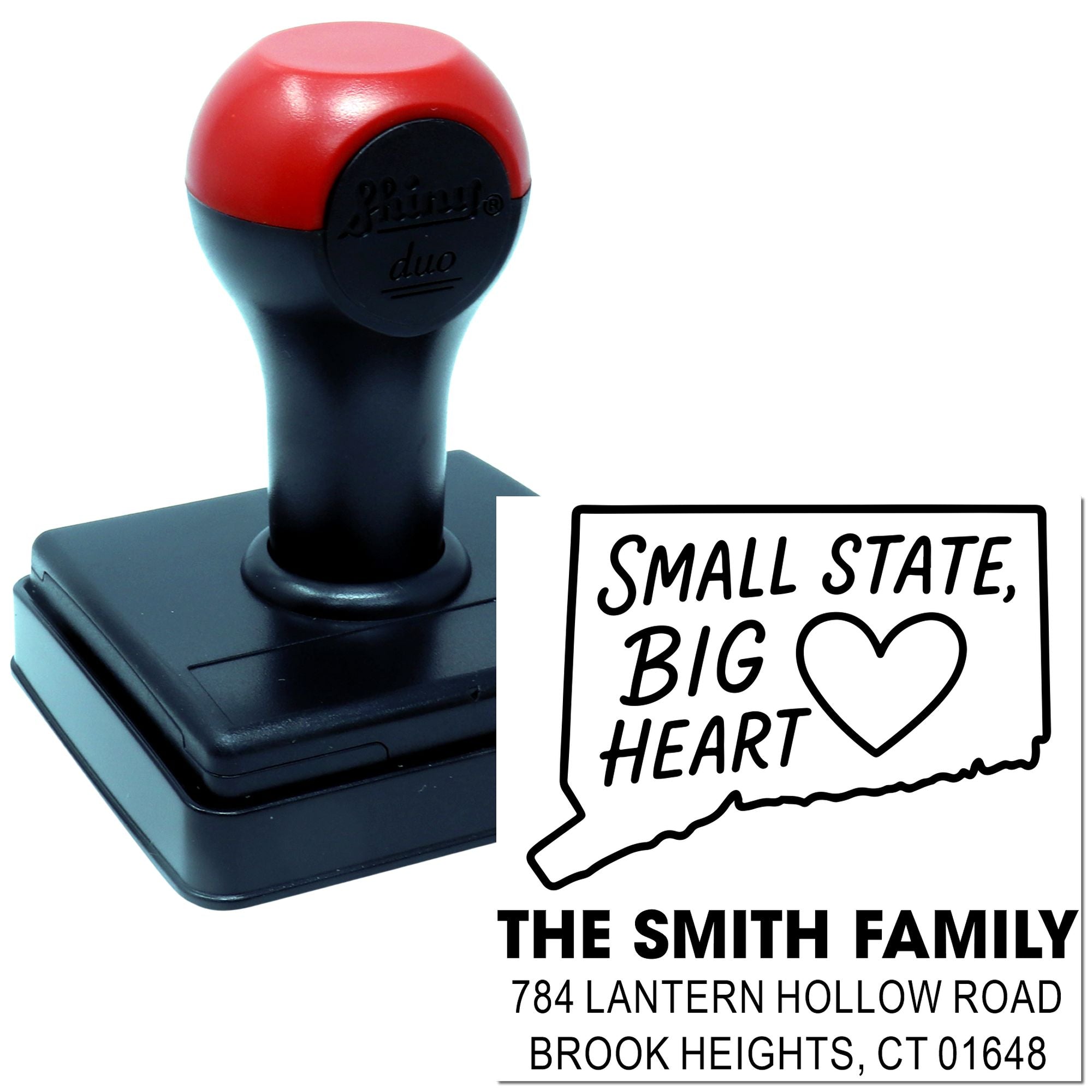 Custom self-inking rubber stamp featuring a Connecticut state outline, heart design, and family return address.