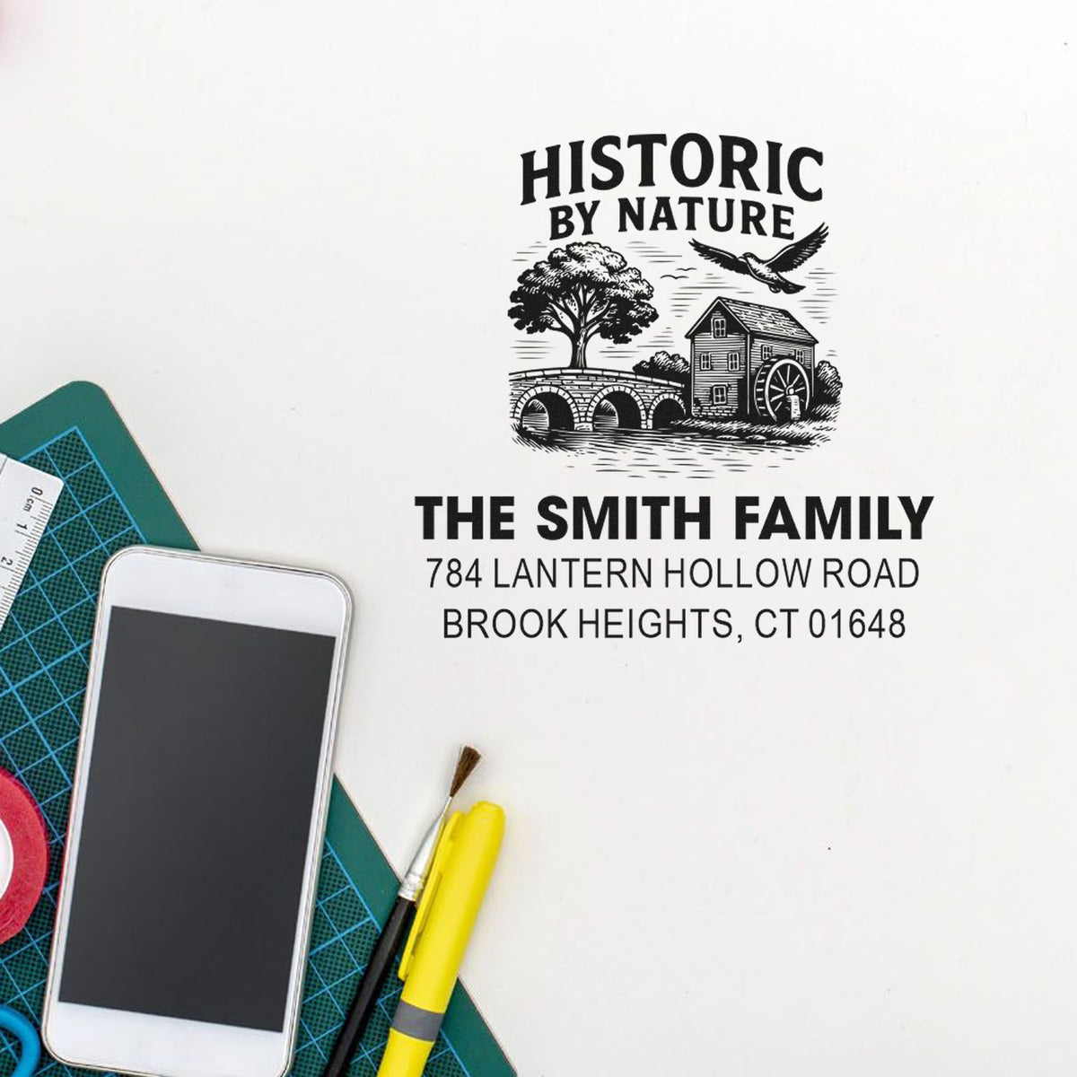 Custom return address rubber stamp with Historic by Nature logo, Smith family name, and Brook Heights, CT address.