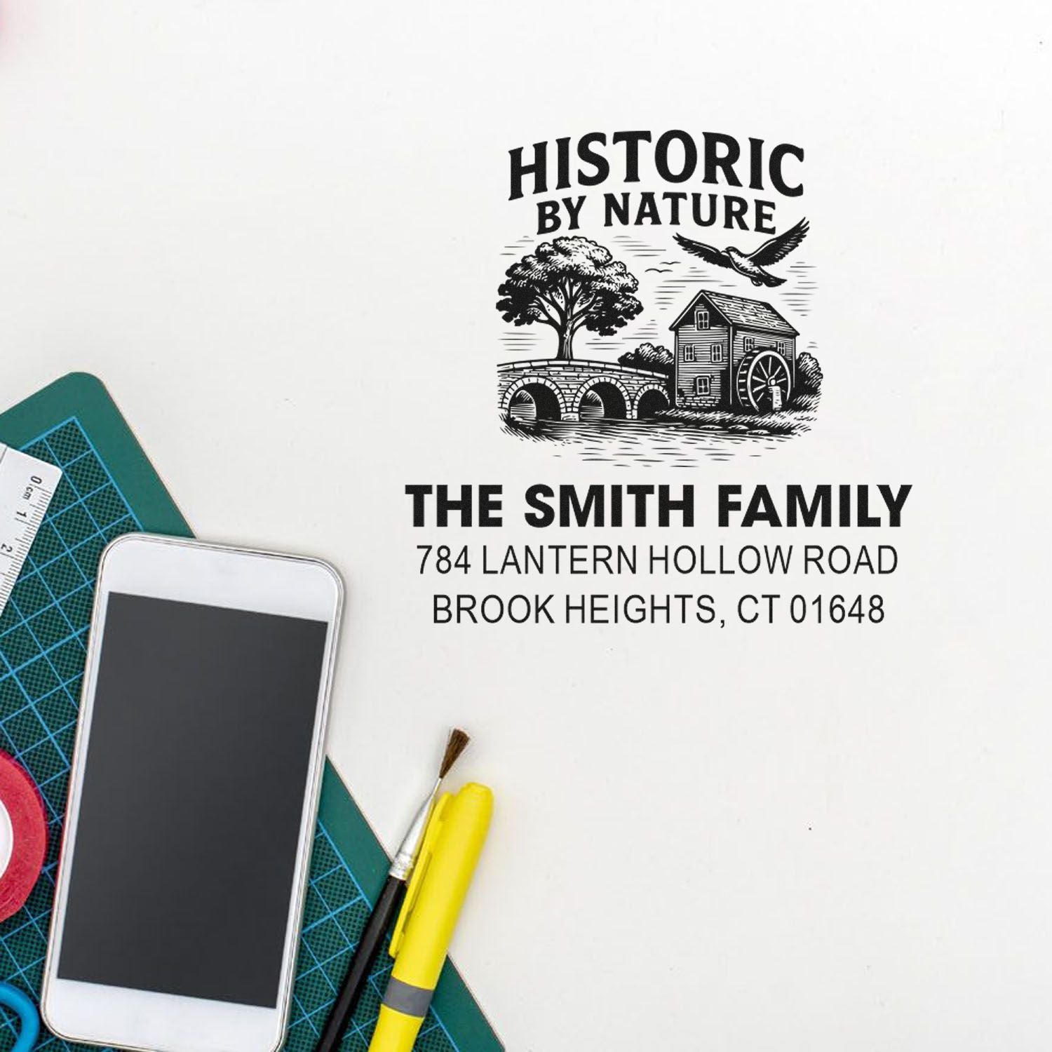 Custom return address rubber stamp with Historic by Nature design for The Smith Family in Brook Heights, CT.