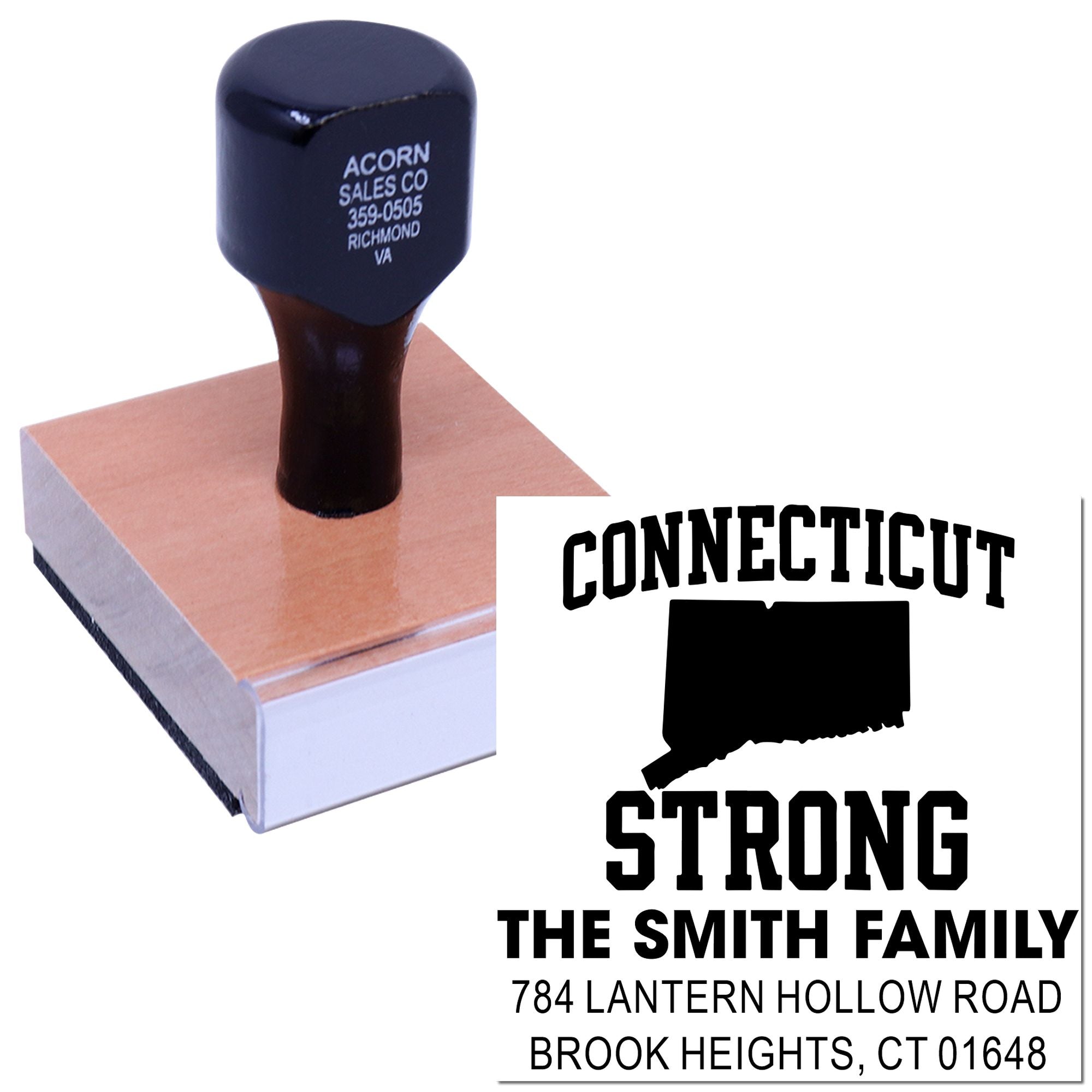 Custom Connecticut Strong address rubber stamp with family name and state outline for personalized return mail.