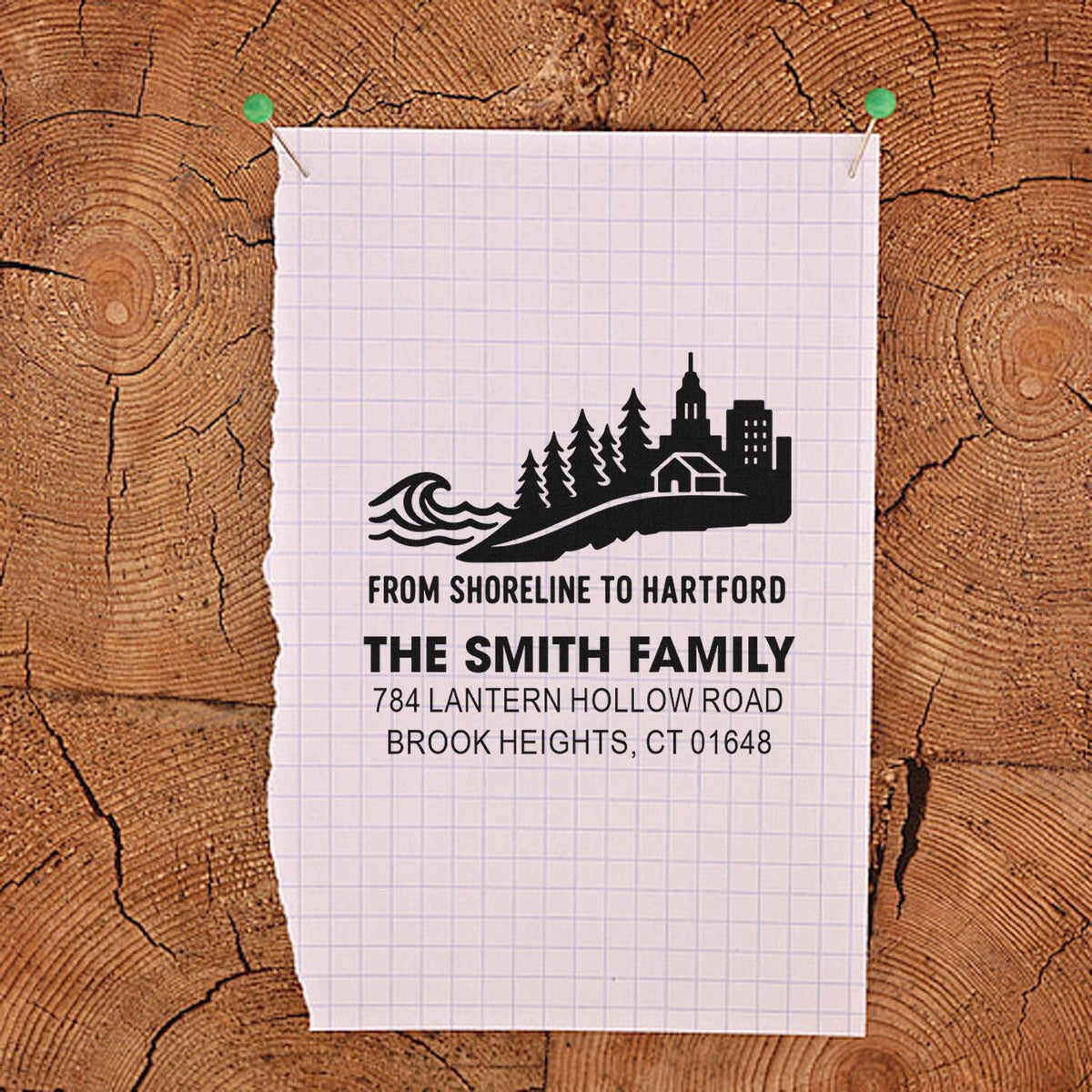 Custom return address rubber stamp for the Smith family, featuring a Shoreline to Hartford design and Connecticut address.