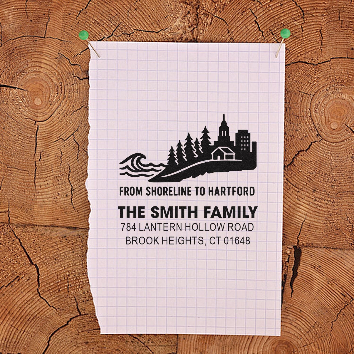 Custom return address rubber stamp for The Smith Family with Connecticut address and shoreline-to-Hartford graphic design.