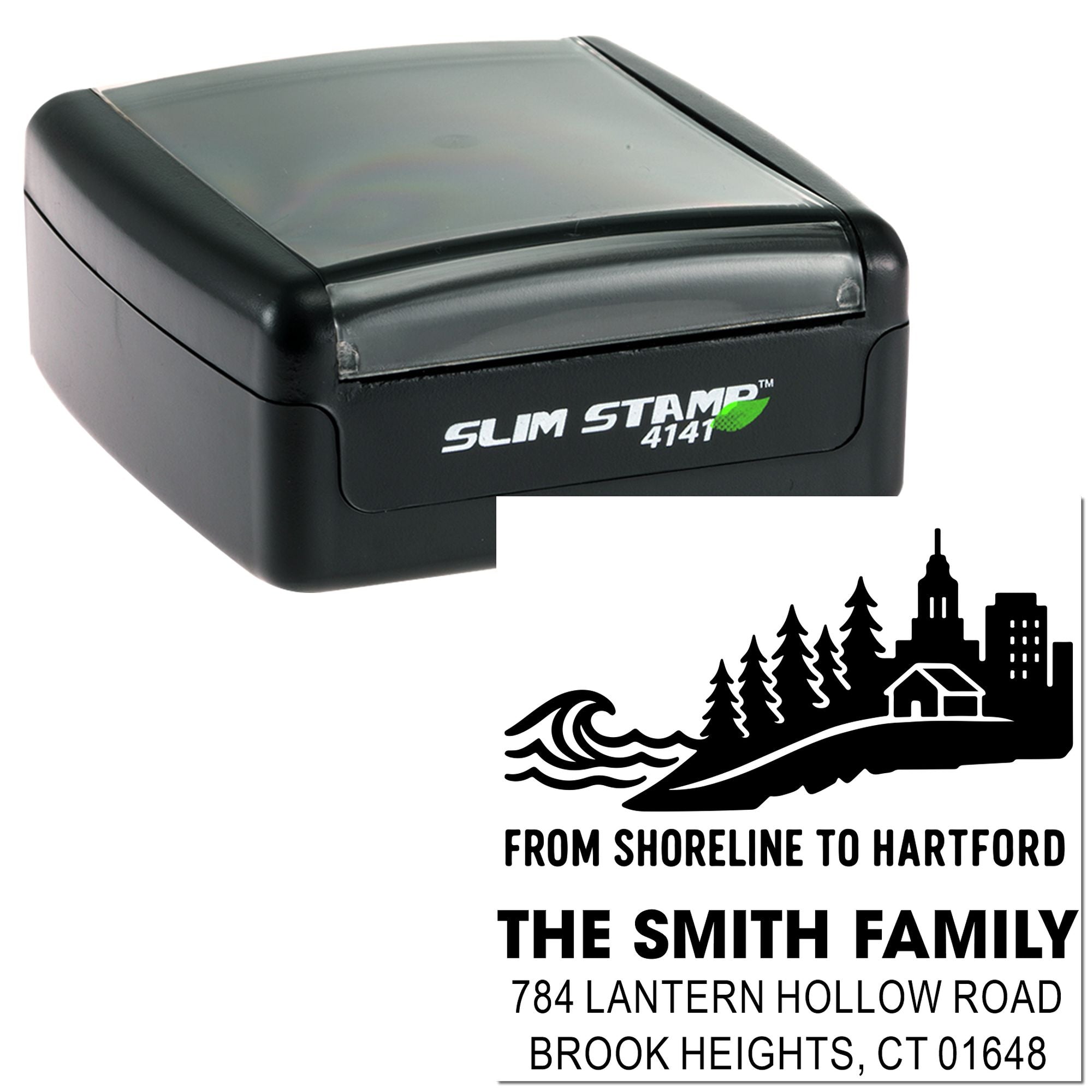 Slim Stamp 4141 self-inking custom address rubber stamp for The Smith Family, Brook Heights, CT return mail marking.