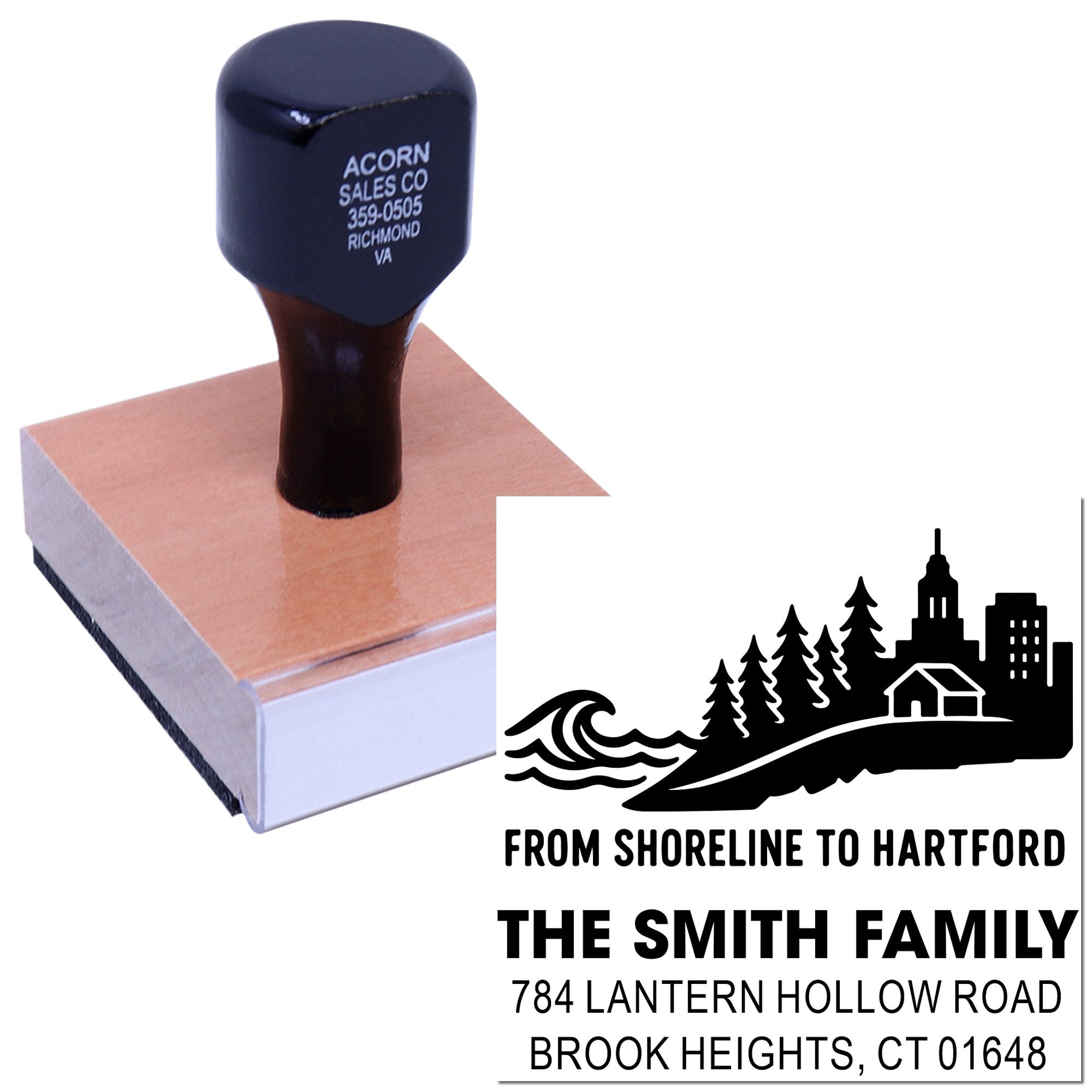 Custom rubber address stamp with shoreline-to-Hartford family design and Brook Heights, CT return address