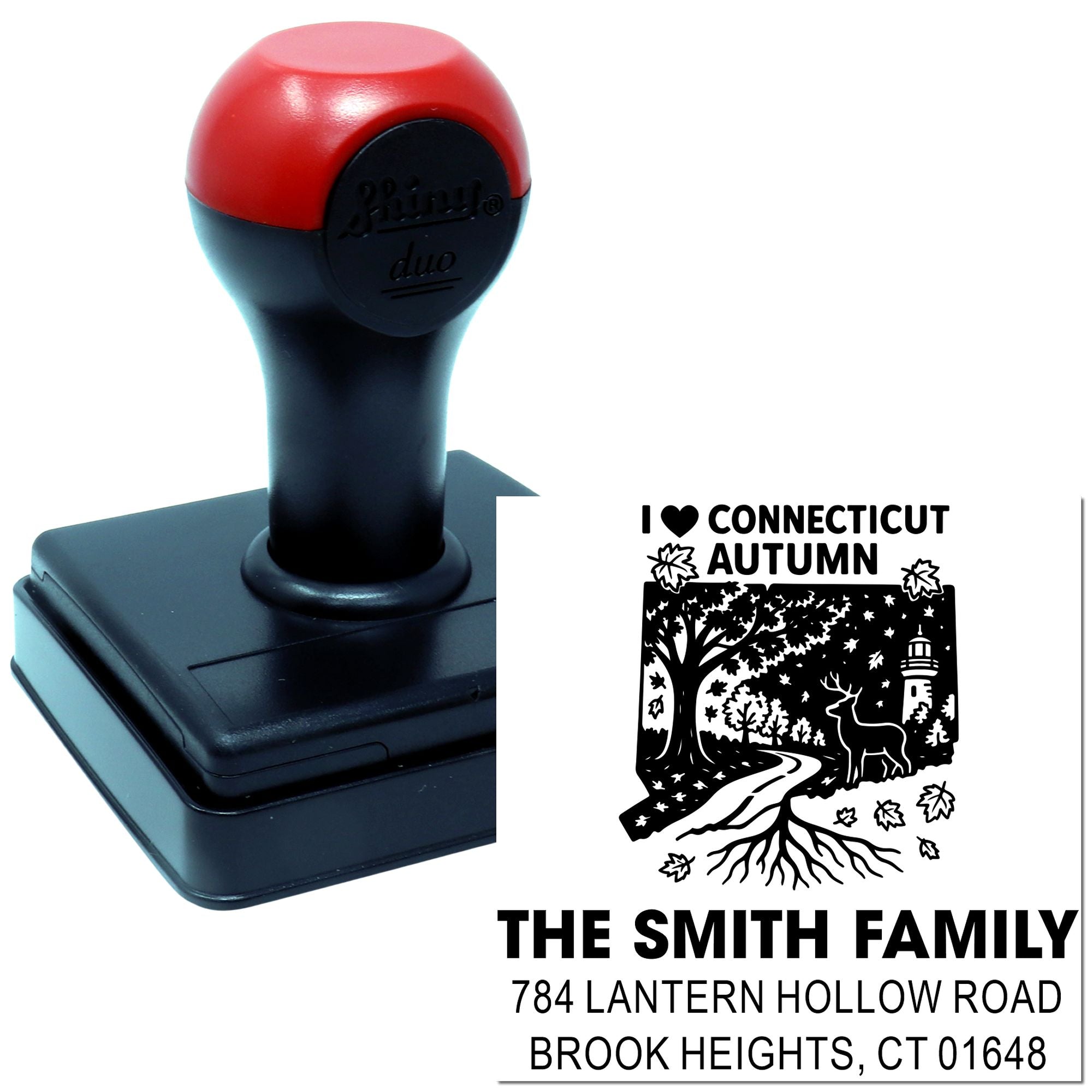 Custom self-inking rubber stamp featuring Connecticut autumn family address design for The Smith Family