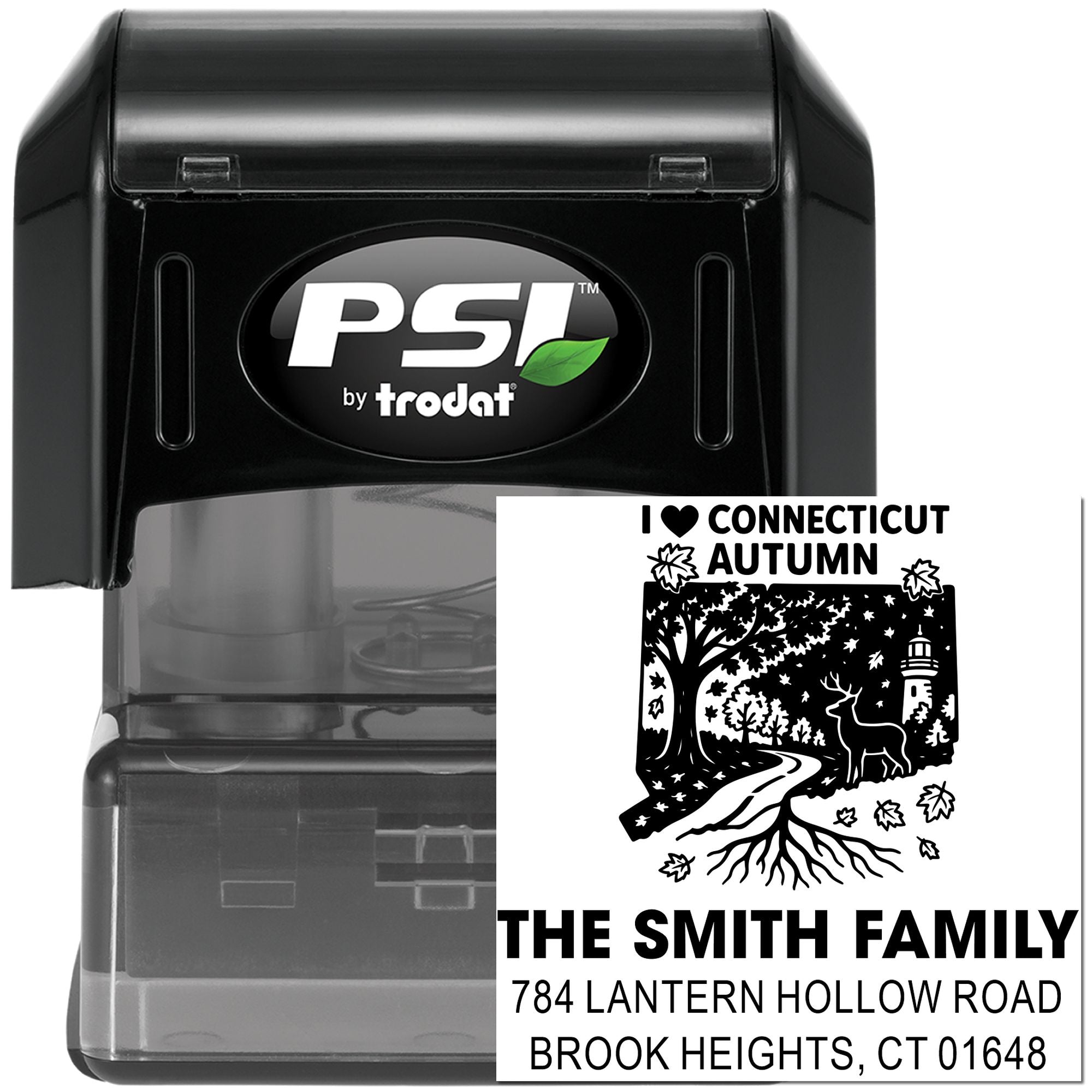 Custom self-inking PSI by Trodat rubber stamp with autumn Connecticut family return address design for personalized mailing.