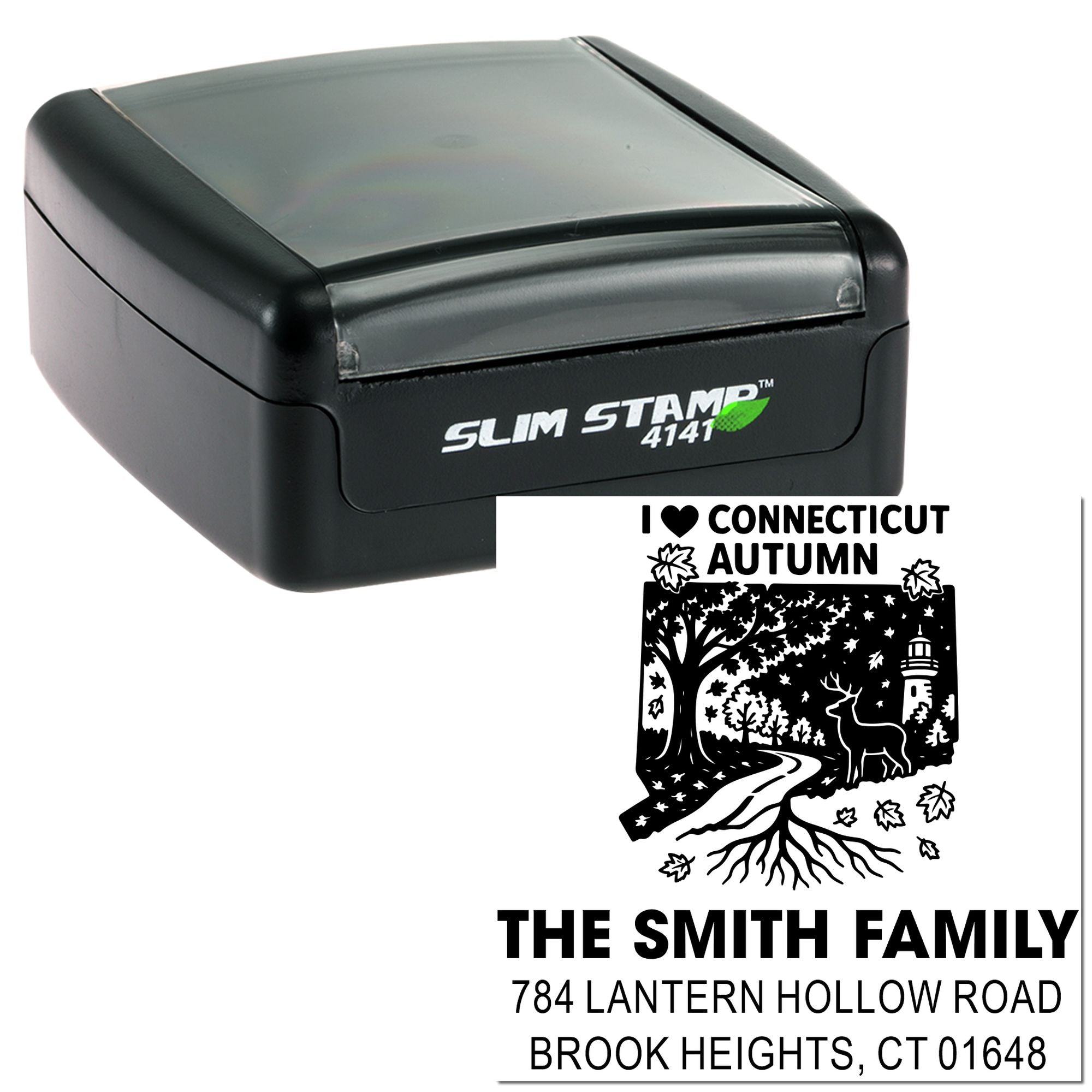 Custom self-inking rubber stamp with Connecticut autumn return address design for The Smith Family.