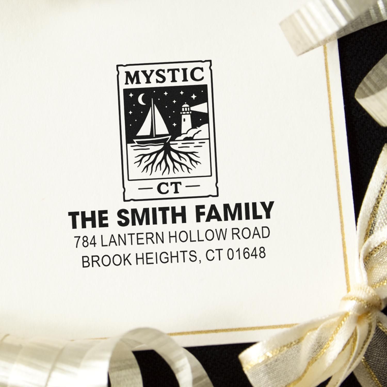 Custom return address rubber stamp for The Smith Family, featuring a Mystic, CT lighthouse design and street address.