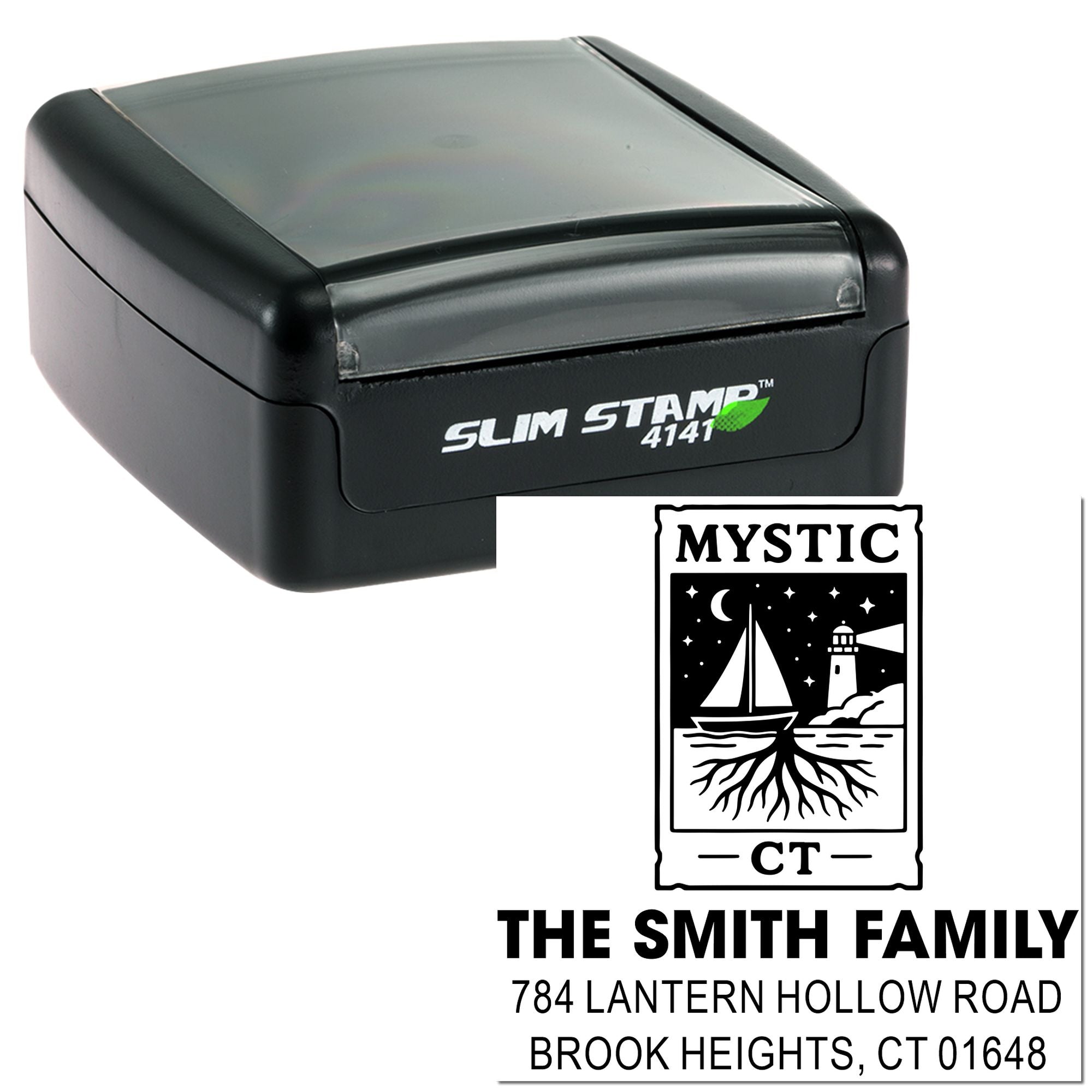 Custom self-inking rubber stamp for Mystic CT family address, ideal for personalized return address stamping.