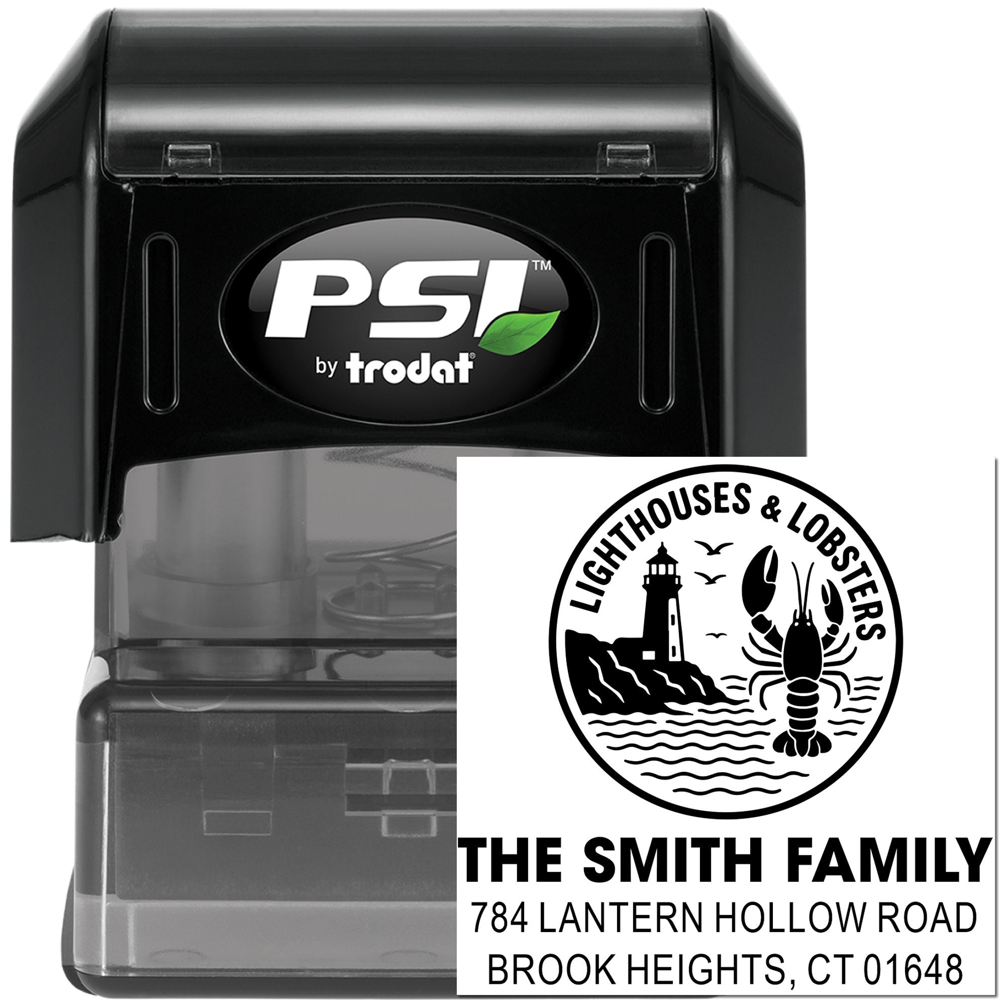 Custom self-inking rubber address stamp with lighthouse and lobster design for The Smith Family, Brook Heights, CT 01648.