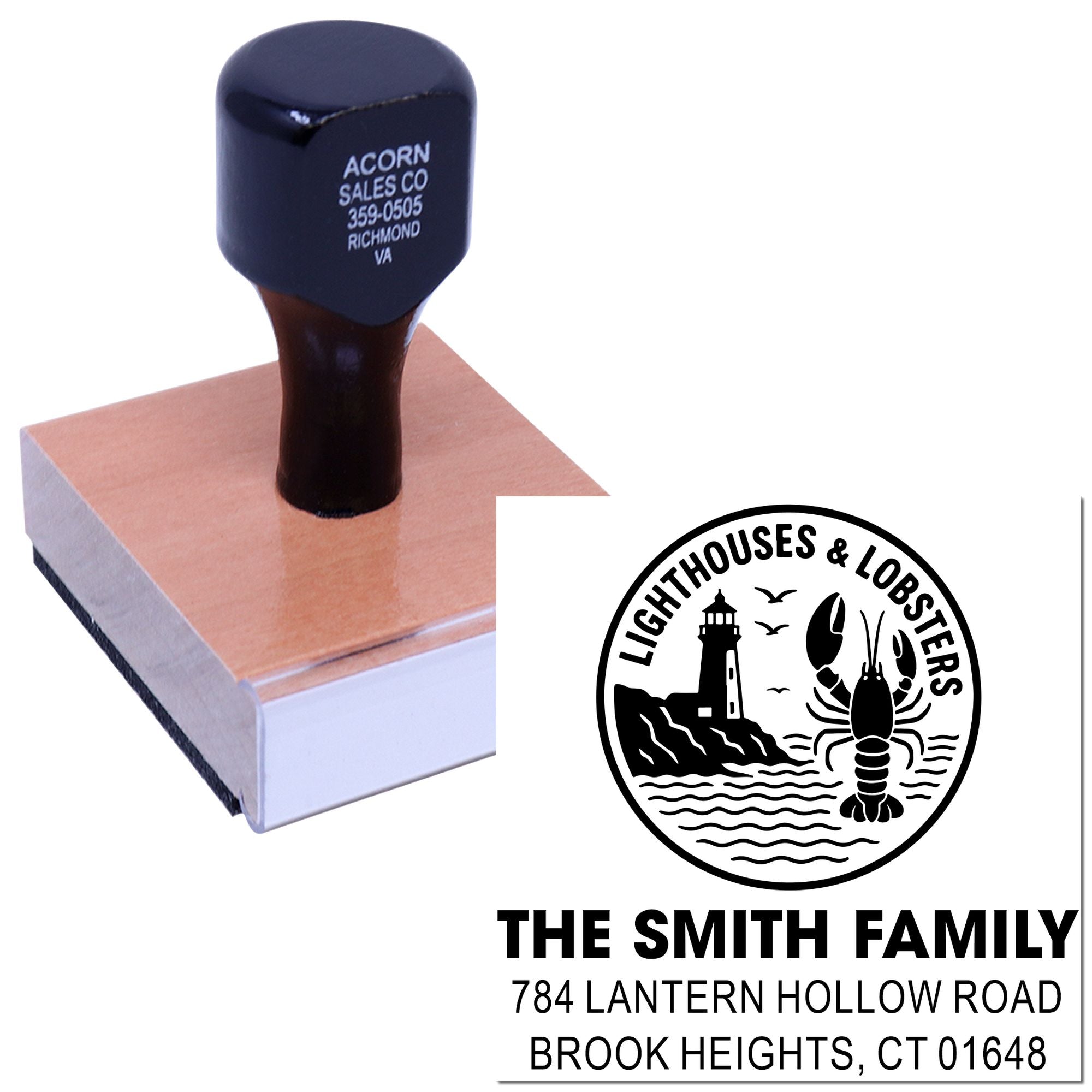 Personalized nautical return address rubber stamp with lighthouse and lobster design for The Smith Family
