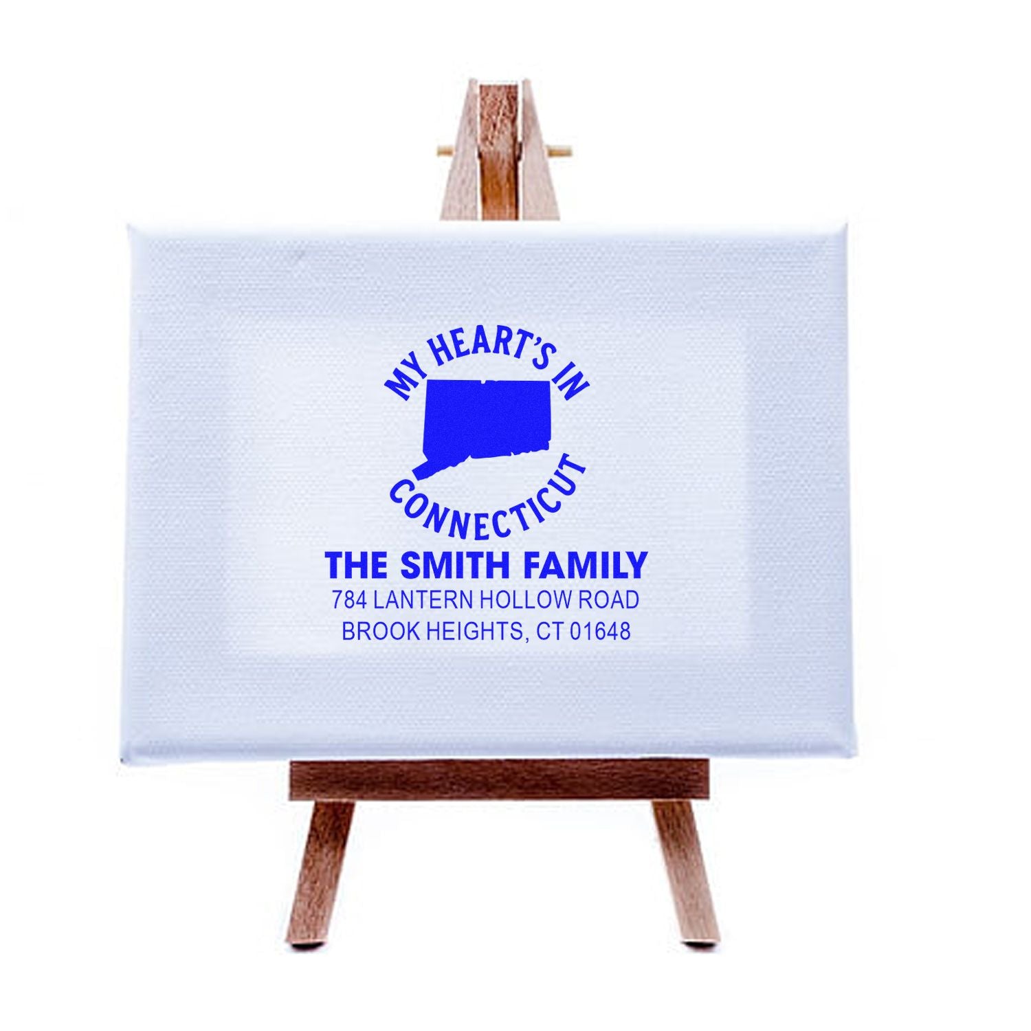 Custom rubber stamp design featuring Connecticut heart graphic and family address for personalized stationery and mail.