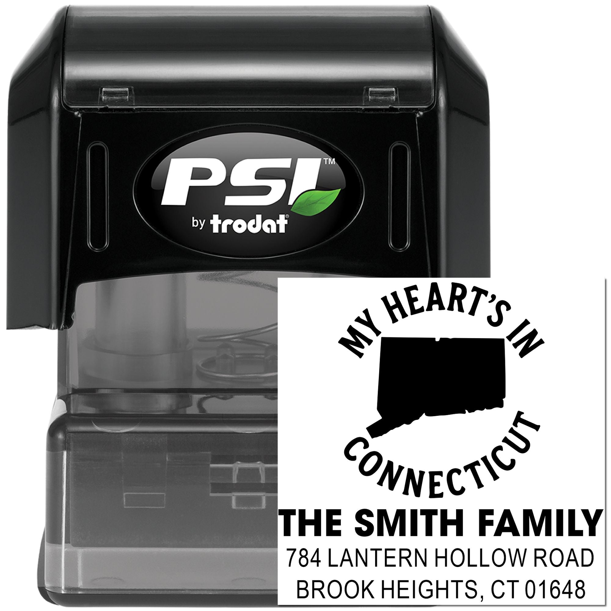 PSI by Trodat self-inking custom return address rubber stamp with Connecticut family design