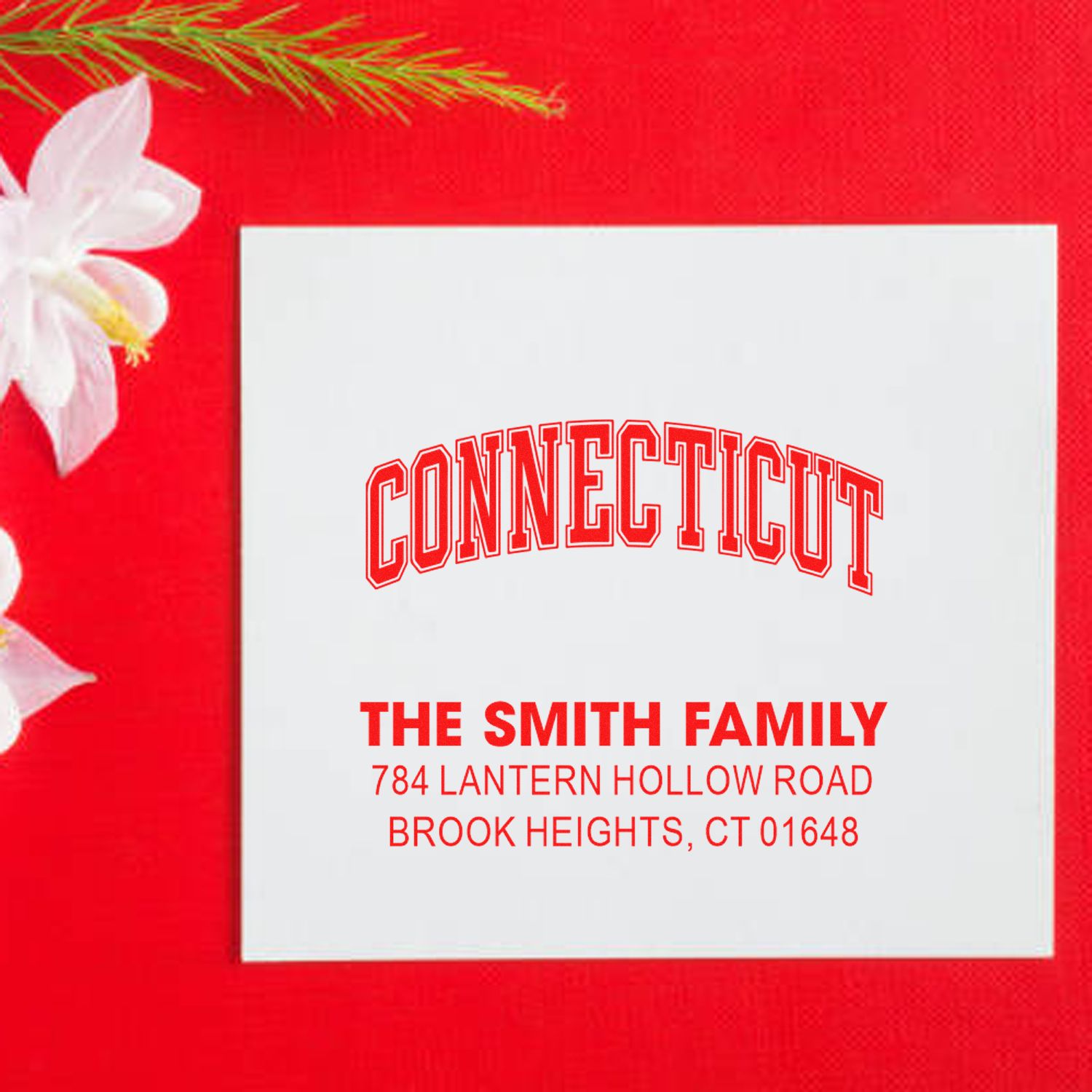 Personalized Connecticut return address rubber stamp for The Smith Family holiday cards