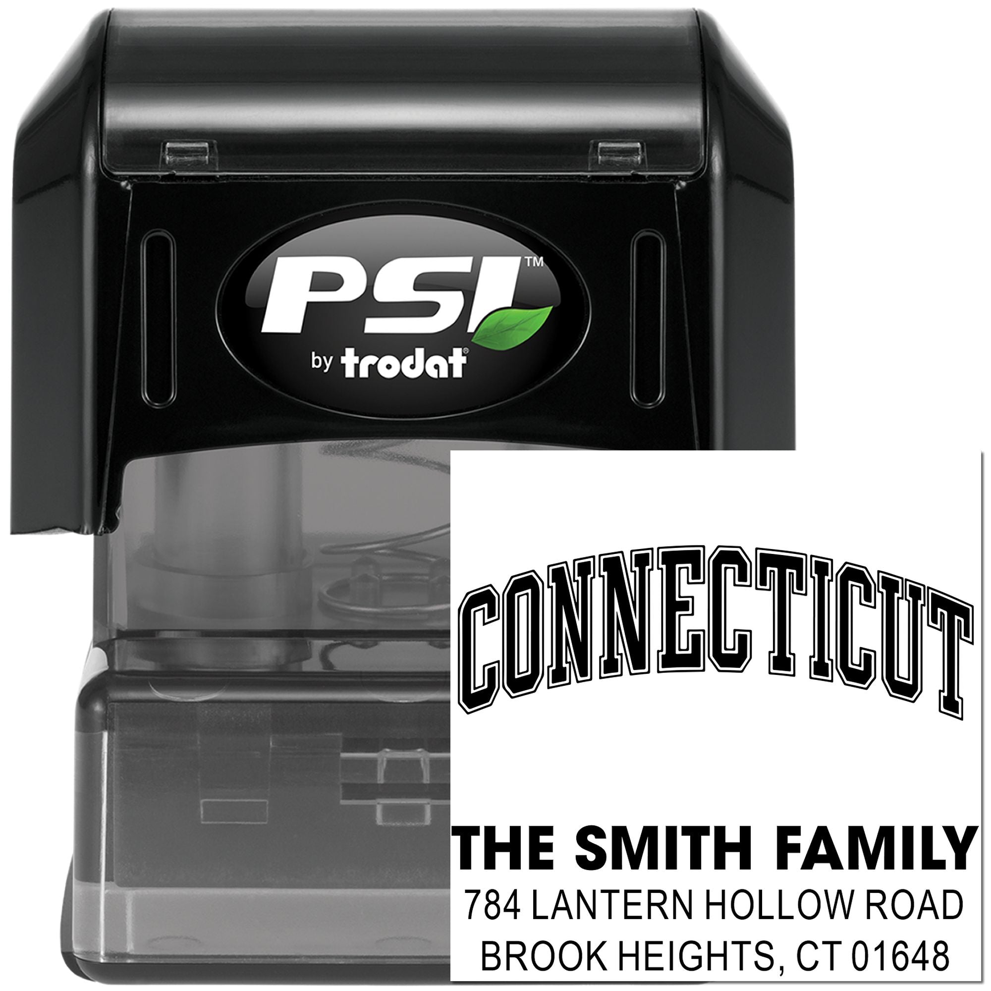 Custom self-inking address stamp by PSI Trodat for The Smith Family, Brook Heights, CT return address