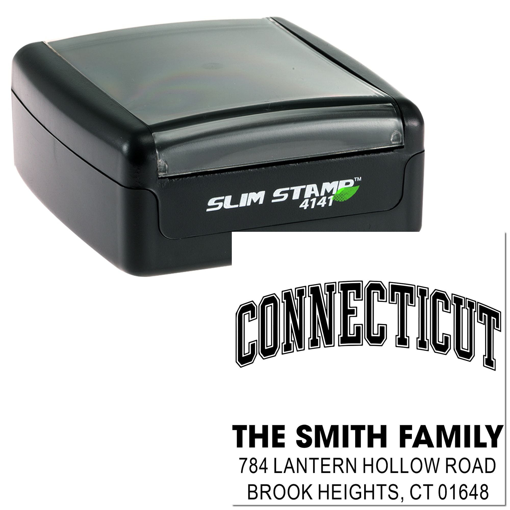 Slim Stamp 4141 custom address rubber stamp for Connecticut families, with personalized return address imprint.