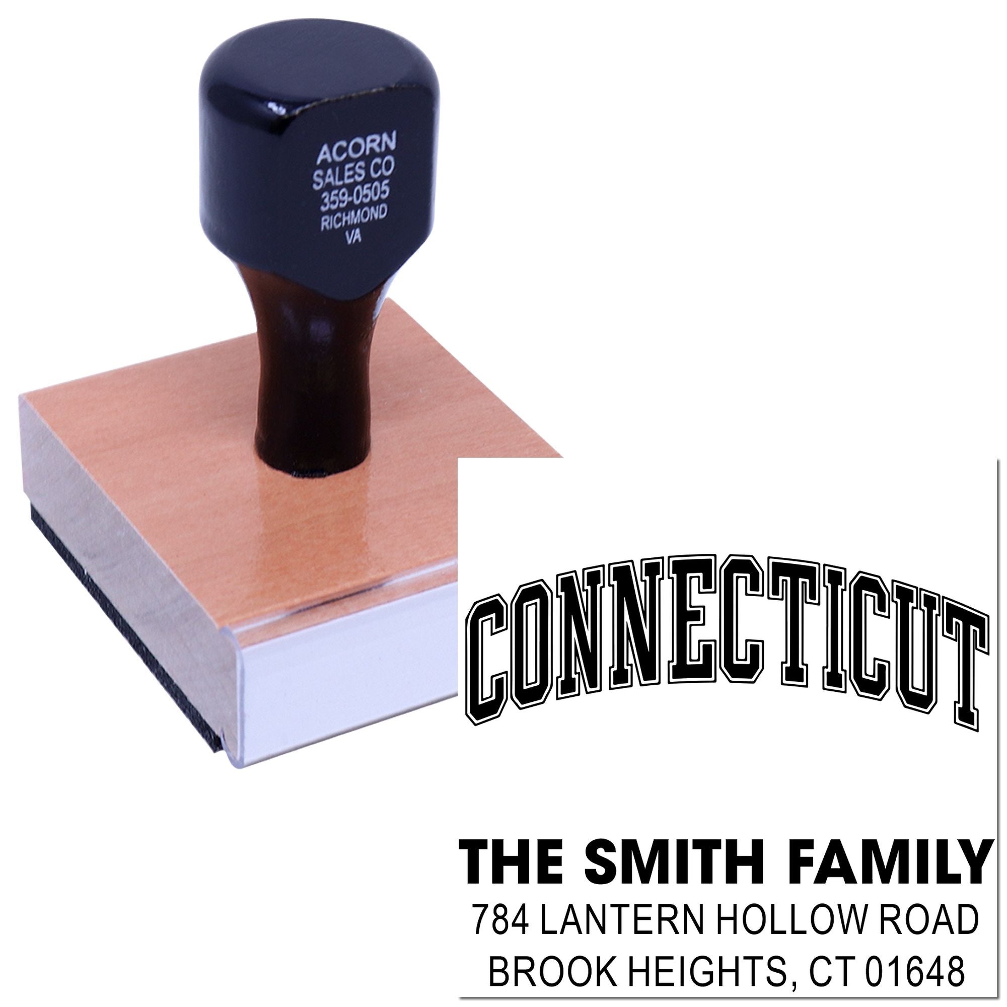 Custom Connecticut rubber address stamp for The Smith Family with name, street address, and ZIP code.