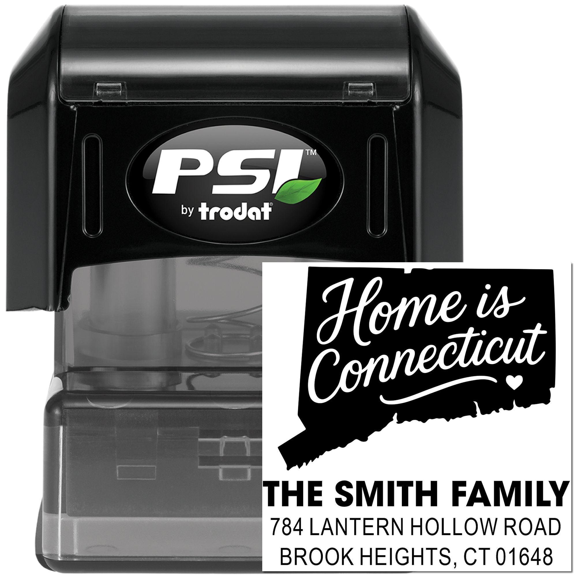 Custom PSI by Trodat self-inking address stamp with Connecticut state design and family return address.