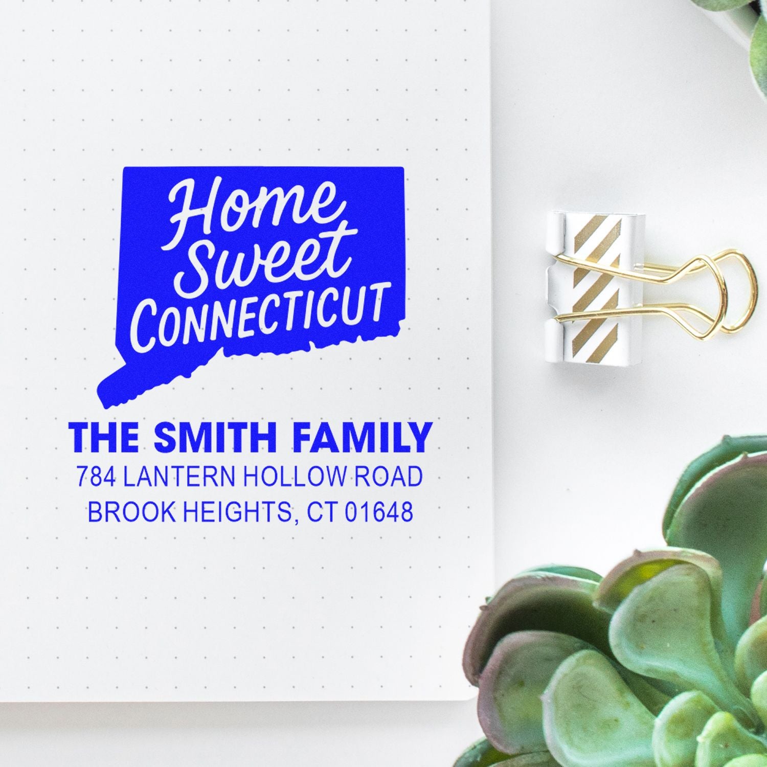 Custom rubber address stamp for The Smith Family, featuring Home Sweet Connecticut and return address in blue.