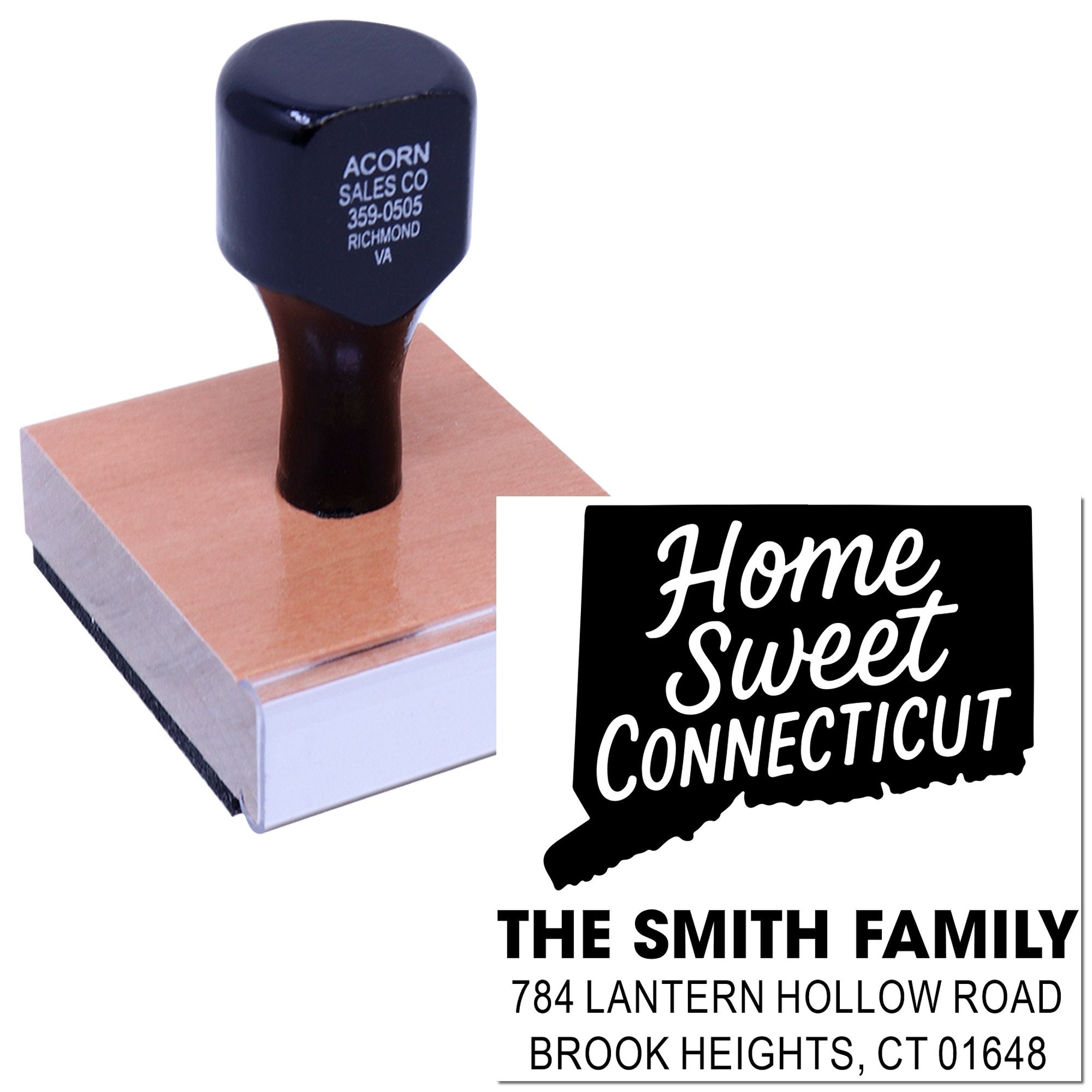 Personalized address rubber stamp with Home Sweet Connecticut design, The Smith Family name, and custom return address.