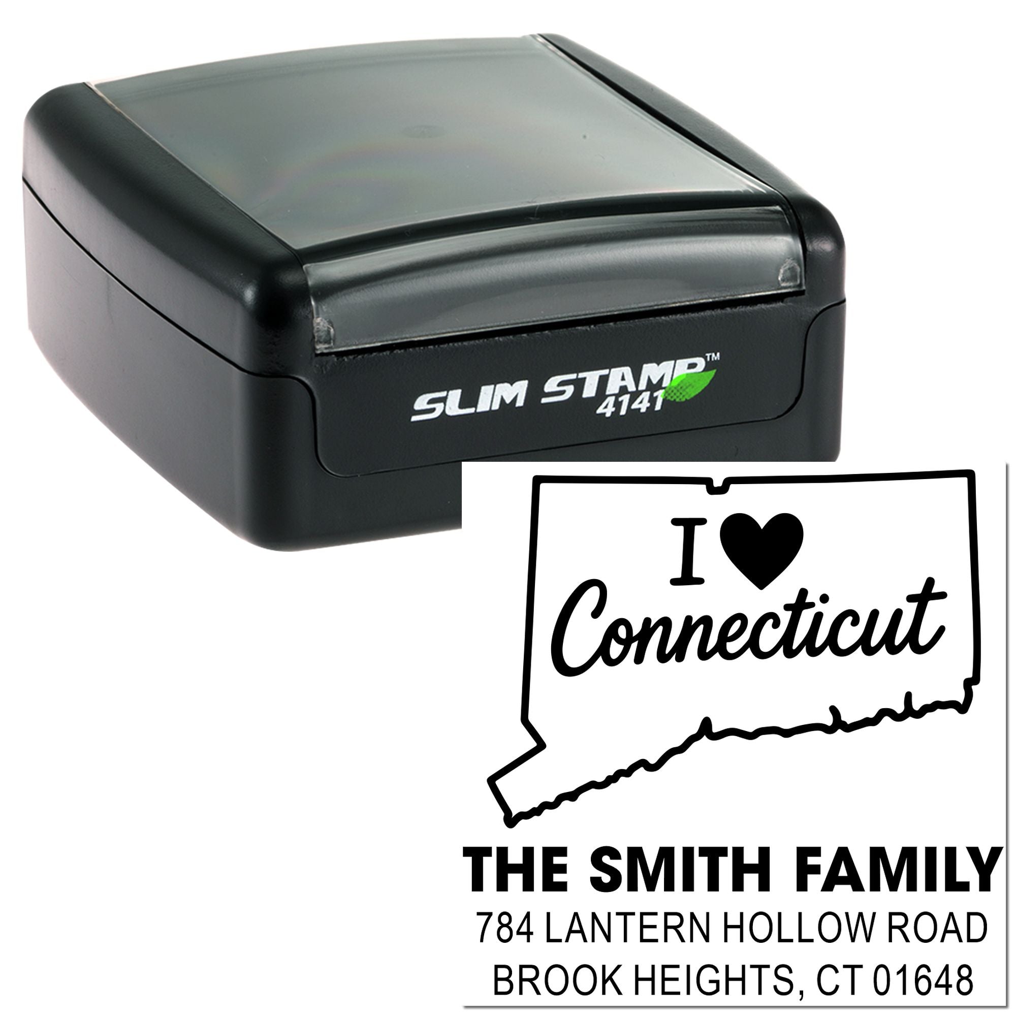 Slim Stamp 4141 self-inking rubber stamp with custom Connecticut return address design and family name.