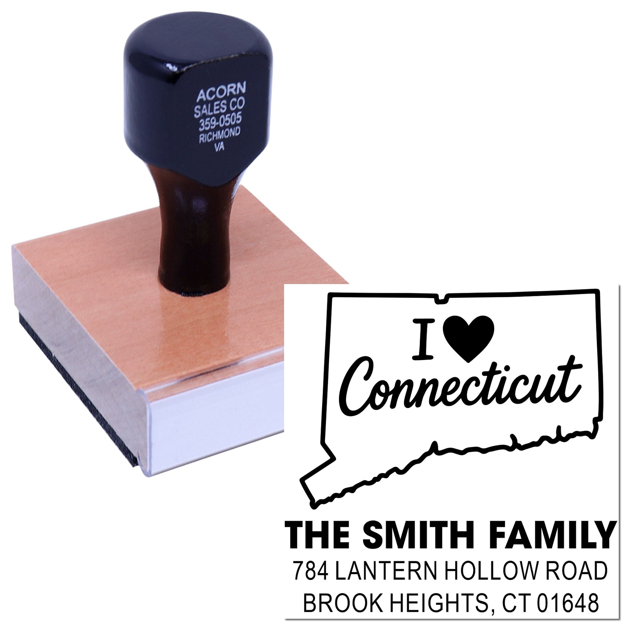 Custom Connecticut return address rubber stamp with I Love Connecticut design for family mailings.