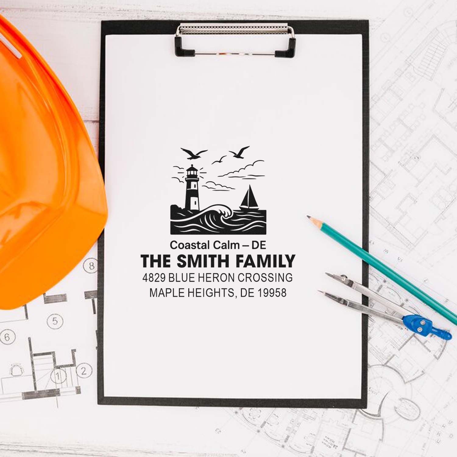 Custom coastal rubber stamp with lighthouse and sailboat for The Smith Family address in Maple Heights, DE 19958.