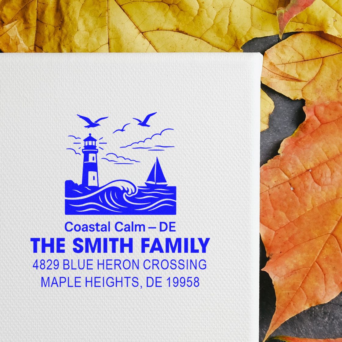 Custom coastal address rubber stamp with lighthouse and sailboat for The Smith Family, Maple Heights, DE