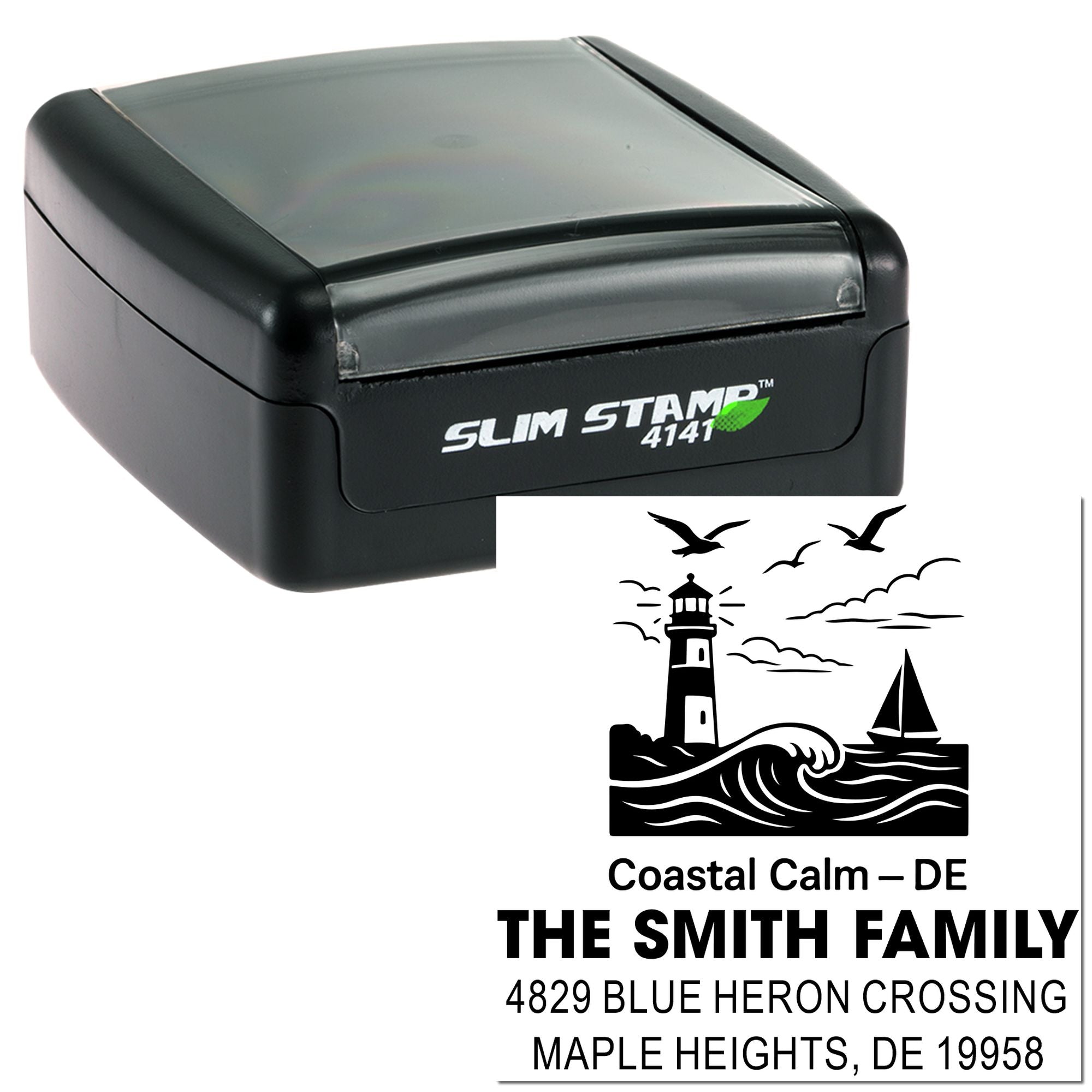 Custom self-inking rubber address stamp with lighthouse design for The Smith Family, Coastal Calm, DE.