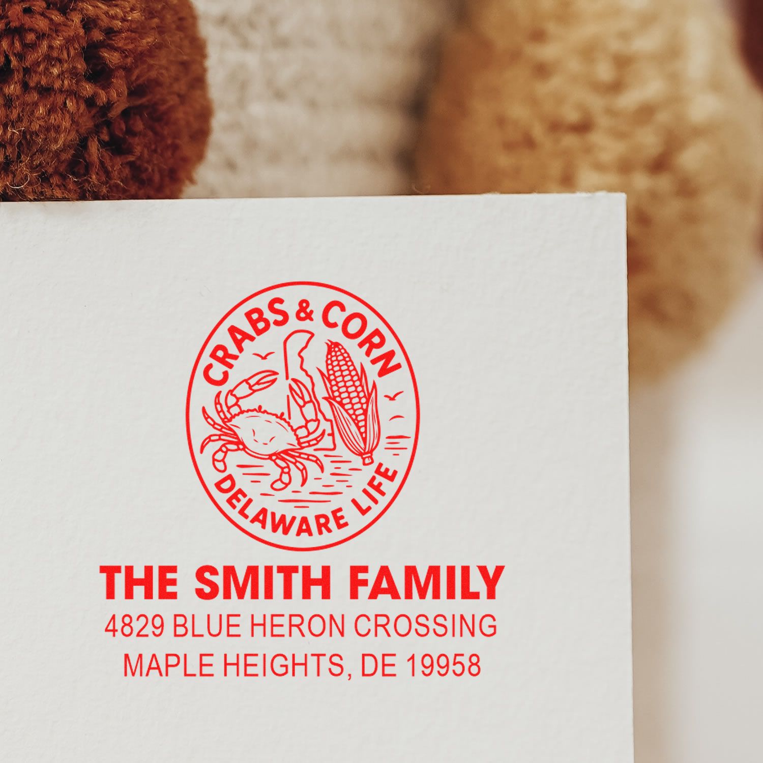 Personalized return address rubber stamp for The Smith Family, with crab and corn design and Maple Heights, DE address.