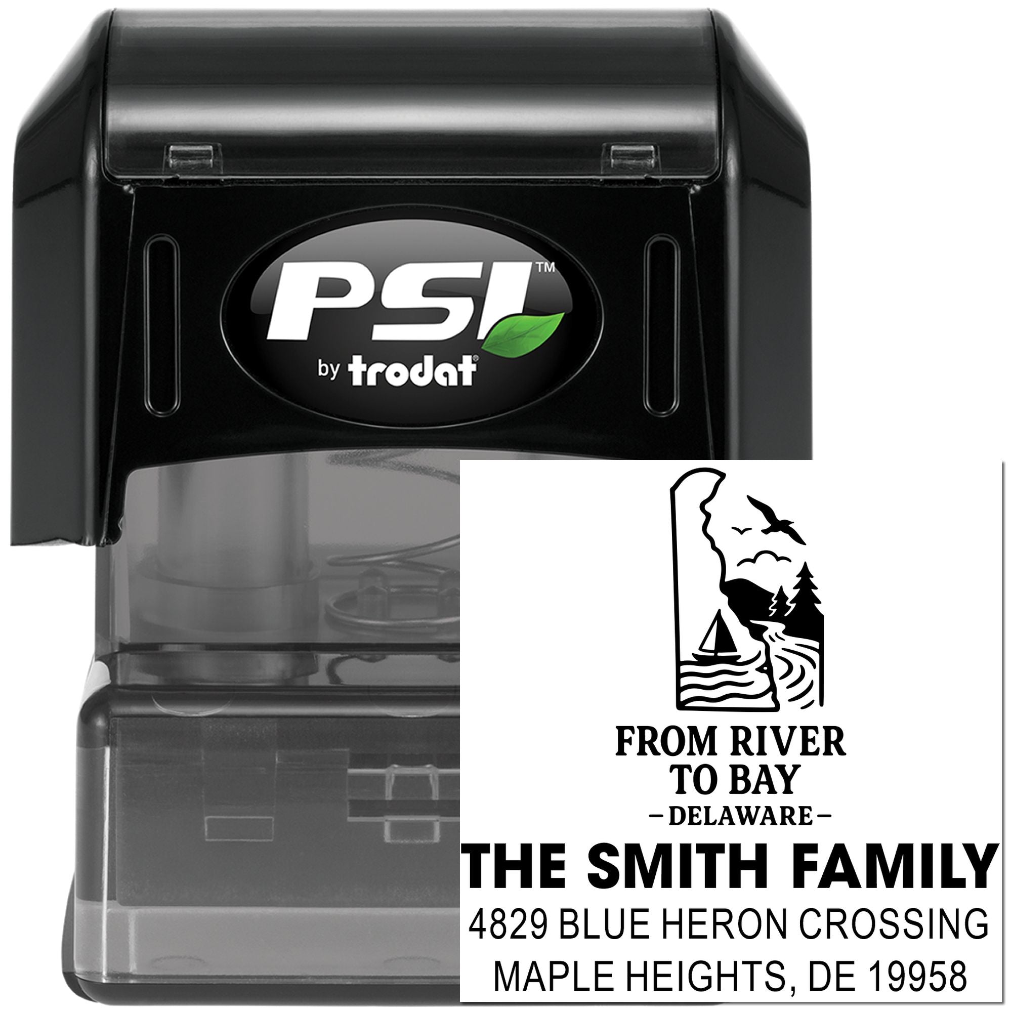 PSI by Trodat self-inking custom address rubber stamp with The Smith Family Delaware return address design