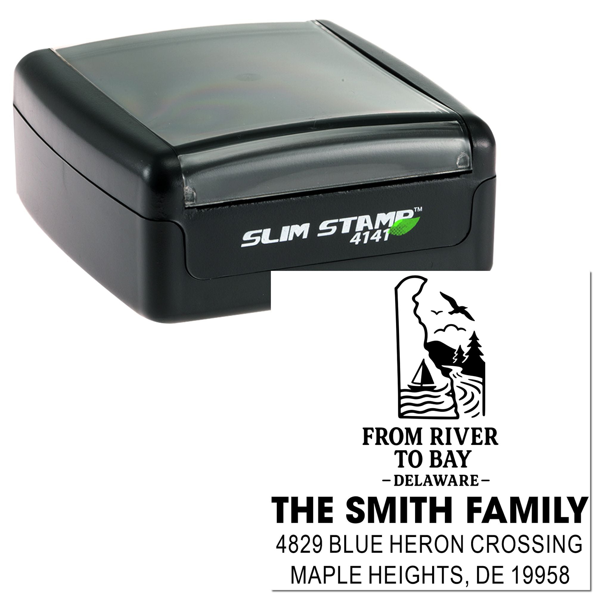 Slim self-inking rubber stamp for a custom Delaware family return address with scenic logo.